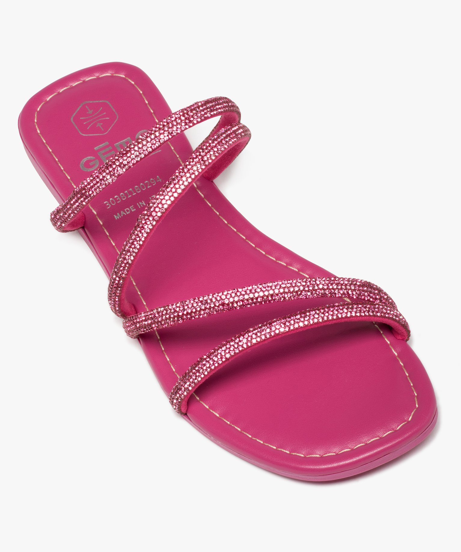 Sandales femme unies à talon plat et brides strass rose | GEMO