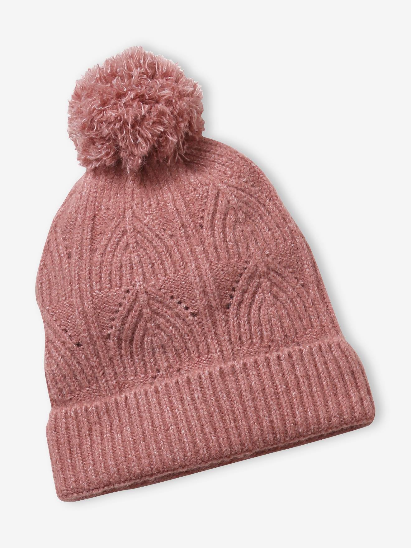 Ensemble bonnet + snood + moufles en maille torsadée mousseuse rose