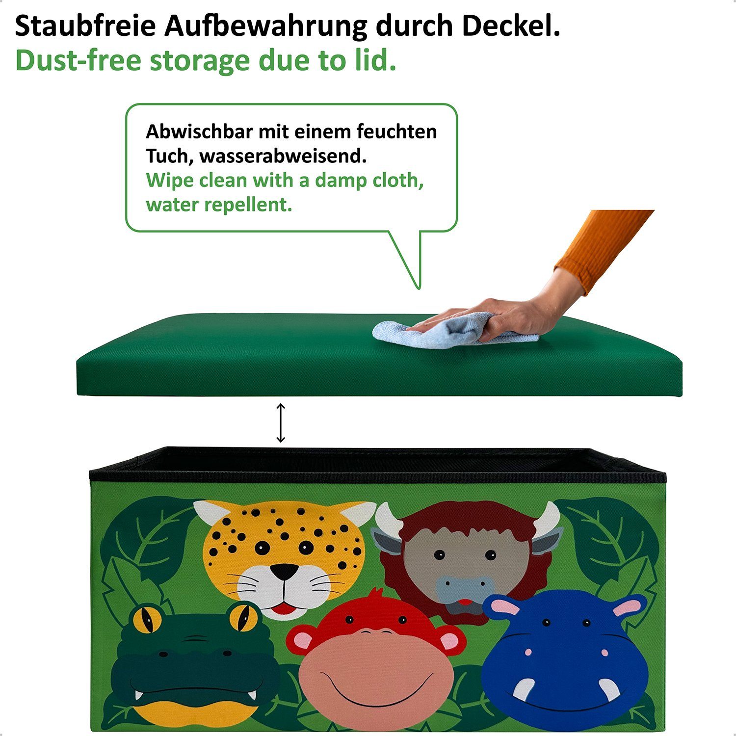 WIESEN.design Spielzeugtruhe Sitztruhe-Dschungel für Spielzeug Aufbewahrung, 60x30x30cm, 54L, belastbar mit 150kg, inkl. eines Baumwollsacks, gratis Versand
