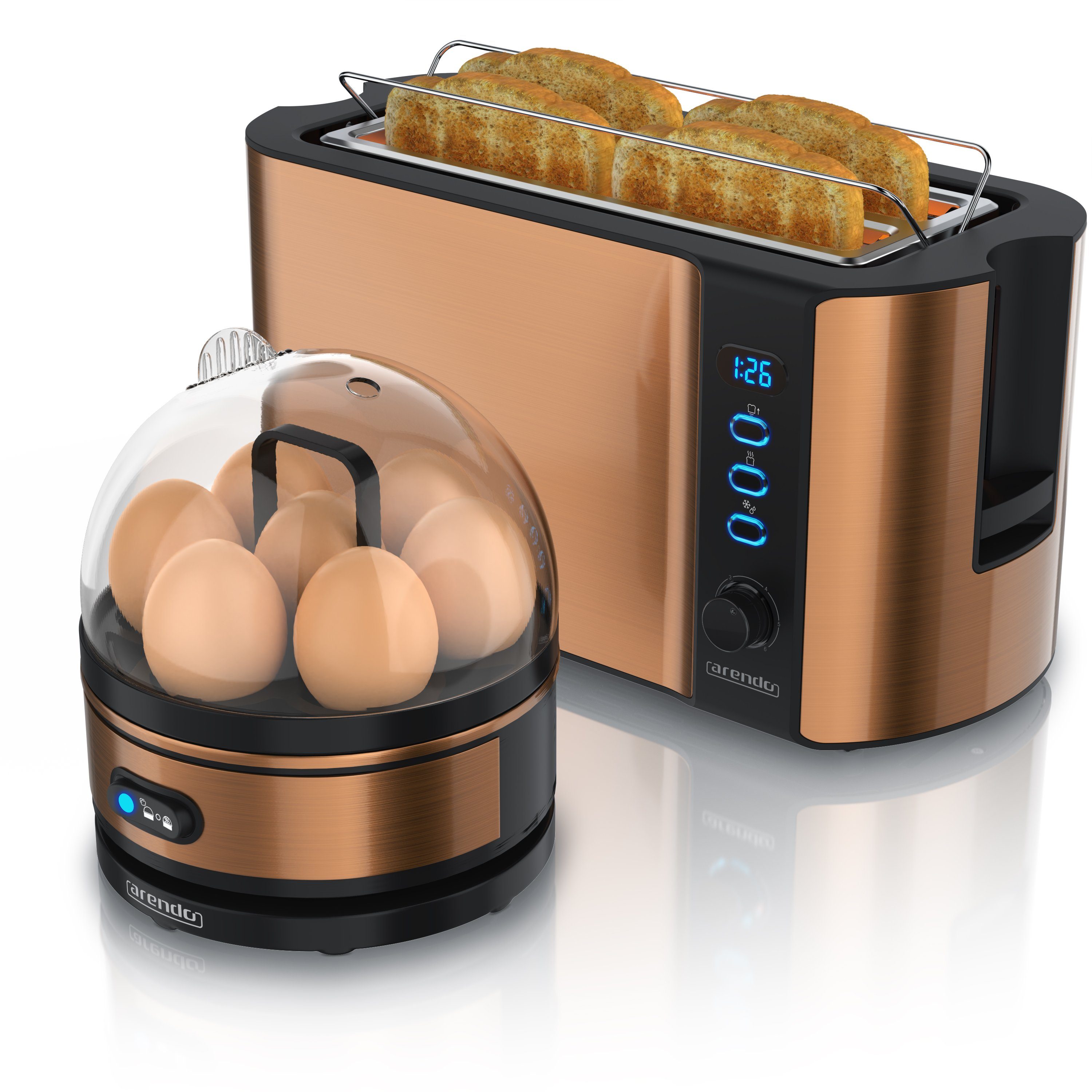 Arendo Frühstücks-Set (2-tlg), 4-Scheiben Langschlitz Toaster, 7er Eierkocher, Kupfer