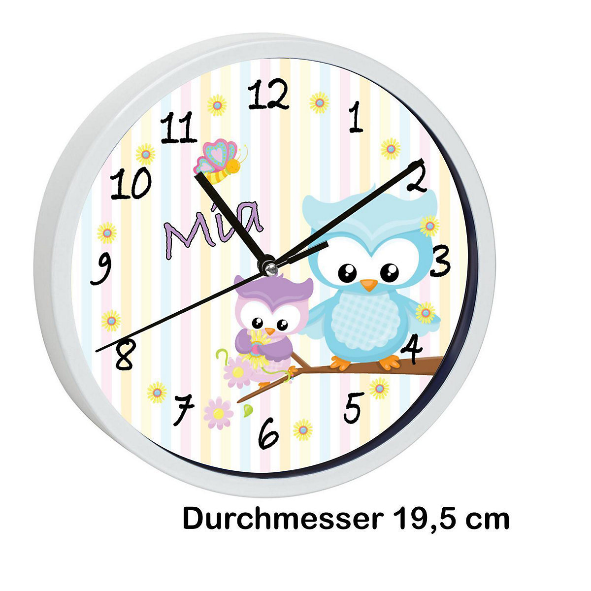 Kinder Wanduhr laufruhig personalisiert mit Name Eule Frühling