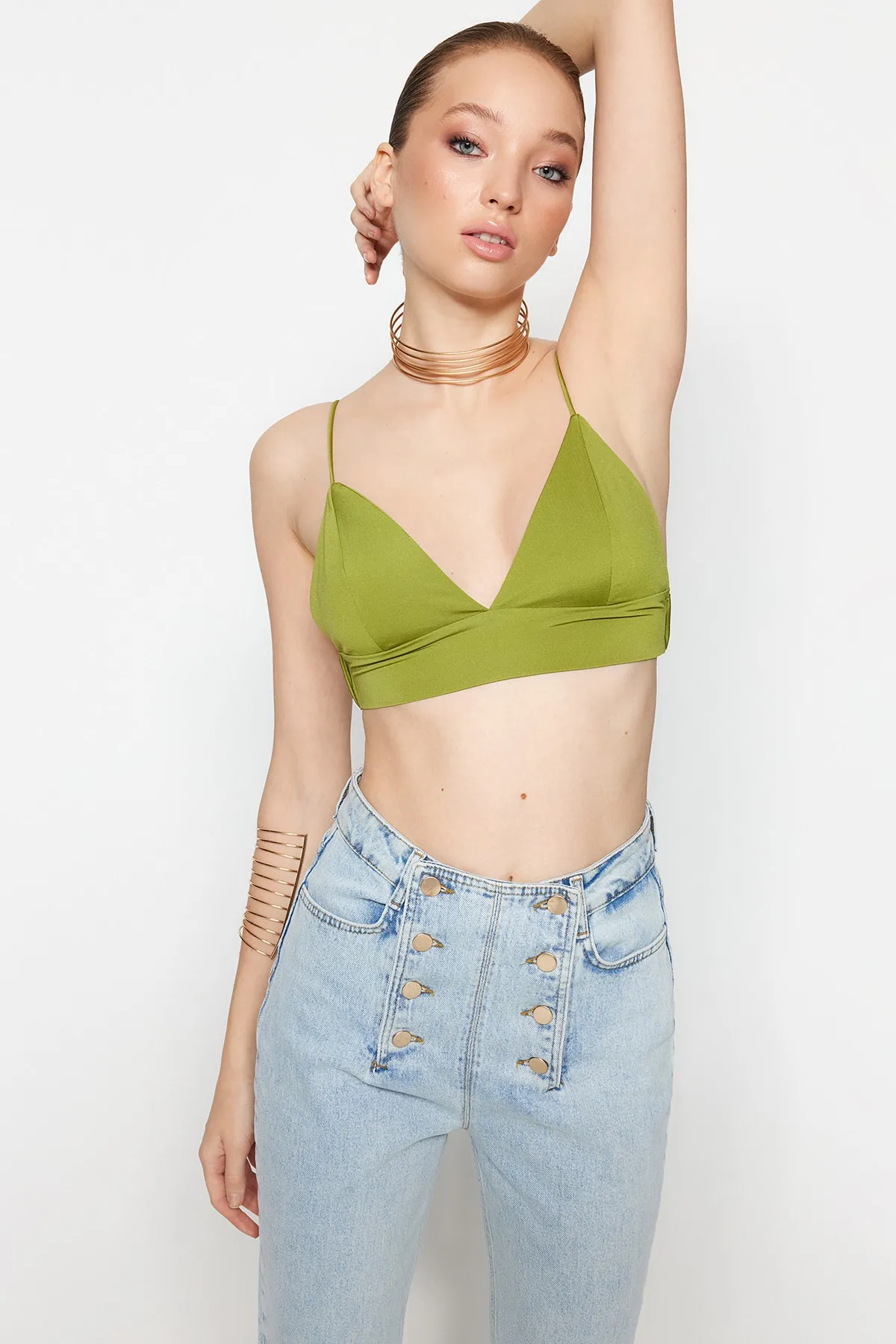 Trendyol Collection  Ölgrünes Crop-gefüttertes Strick-Bustier TPRSS22BS00005