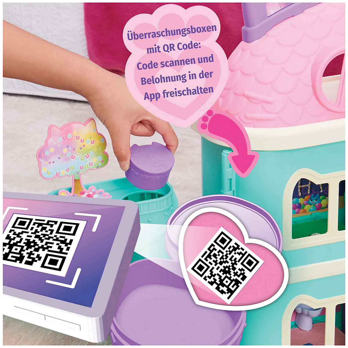 Gabby‘s Dollhouse, Puppenhaus mit 2 Spielzeugfiguren, 8 Möbelstücken, 3 Zubehörteilen, 2 Überraschungsboxen und Geräuschen, geeignet für Kinder ab 3 Jahren
