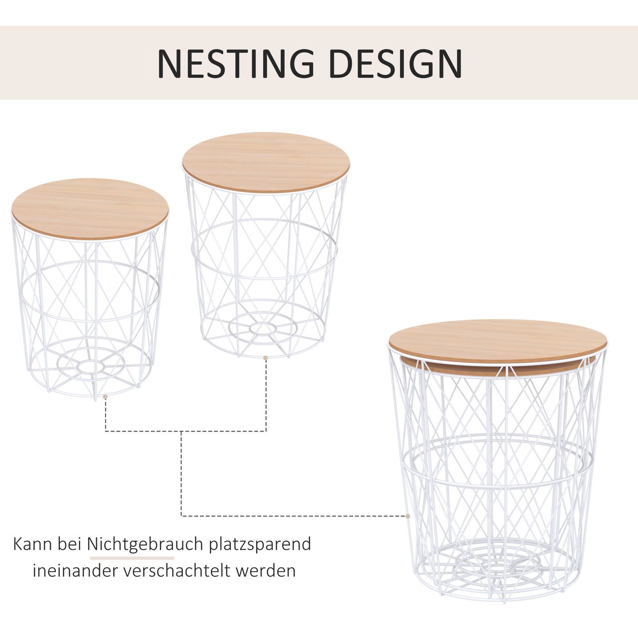 HOMCOM 2er-Set Couchtisch Beistelltisch 2-teilig Nachttisch Wohnzimmer Schlafzimmer MDF   Metall natur   weiß Ø40 x H45 cm