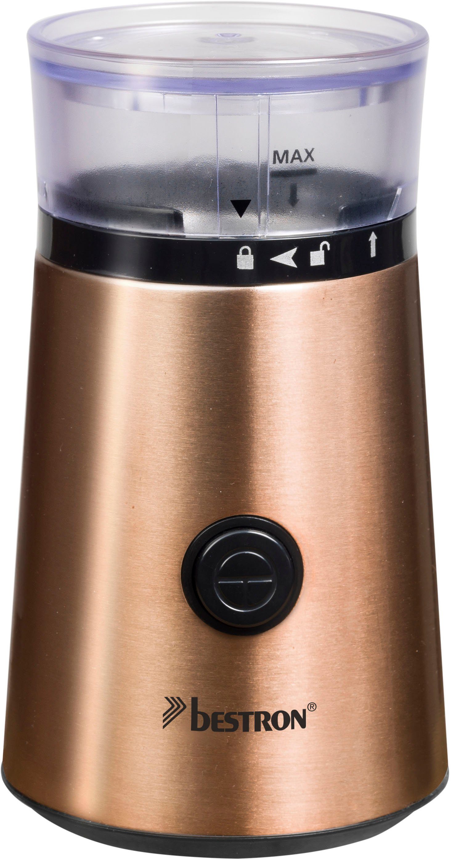 bestron Kaffeemühle ACG1000CO, 150 W, Schlagmahlwerk, 50 g Bohnenbehälter, elektrisch, mit Edelstahl-Schlagmesser, Edelstahl in Kupfer-Optik