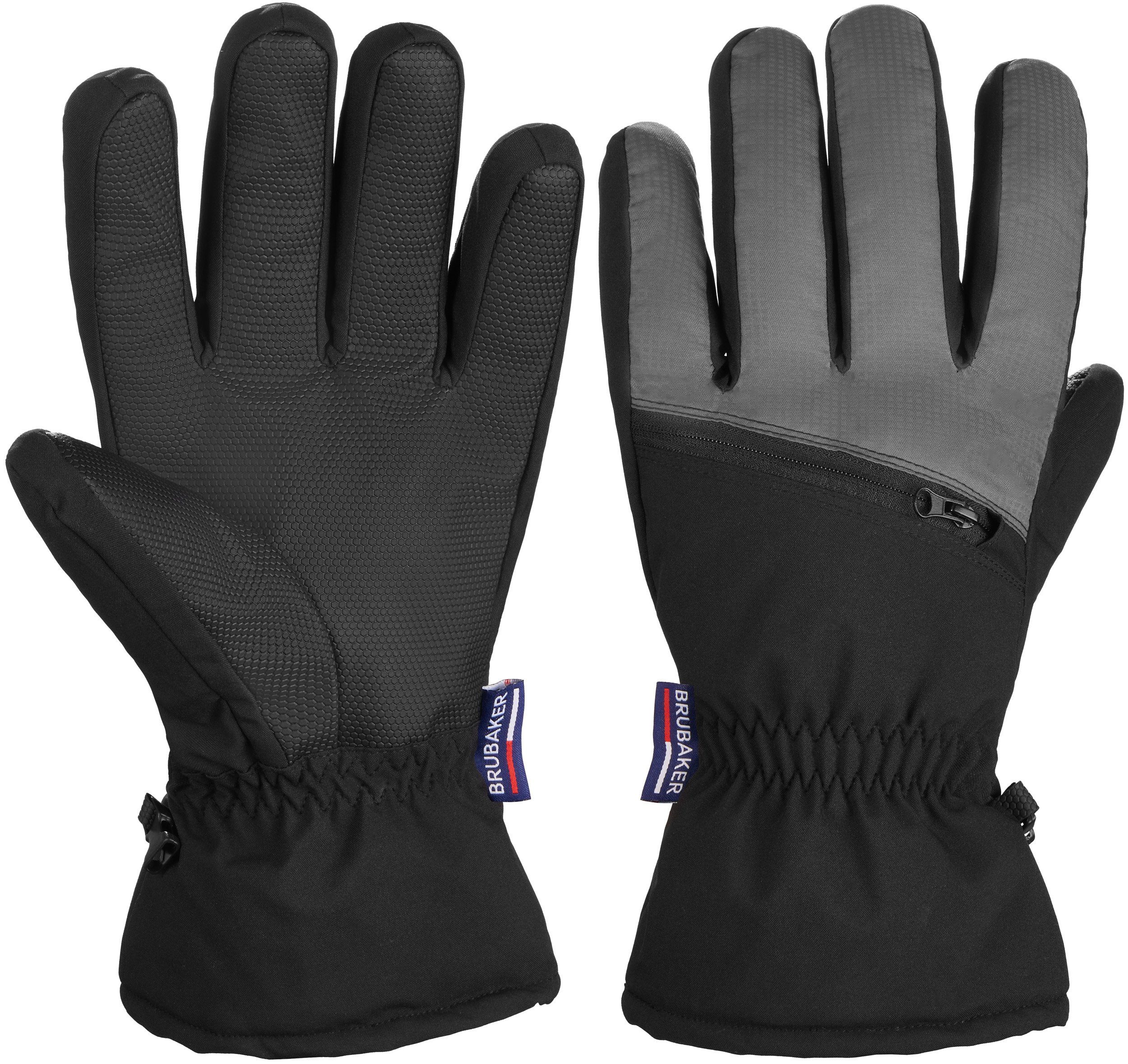 BRUBAKER Skihandschuhe Wasserdicht & Winddicht mit Reißverschluss Tasche Winterhandschuhe für Herren und Damen - Extra Warme Snowboardhandschuhe - Thermo Handschuhe für Snowboard - Schwarz Grau