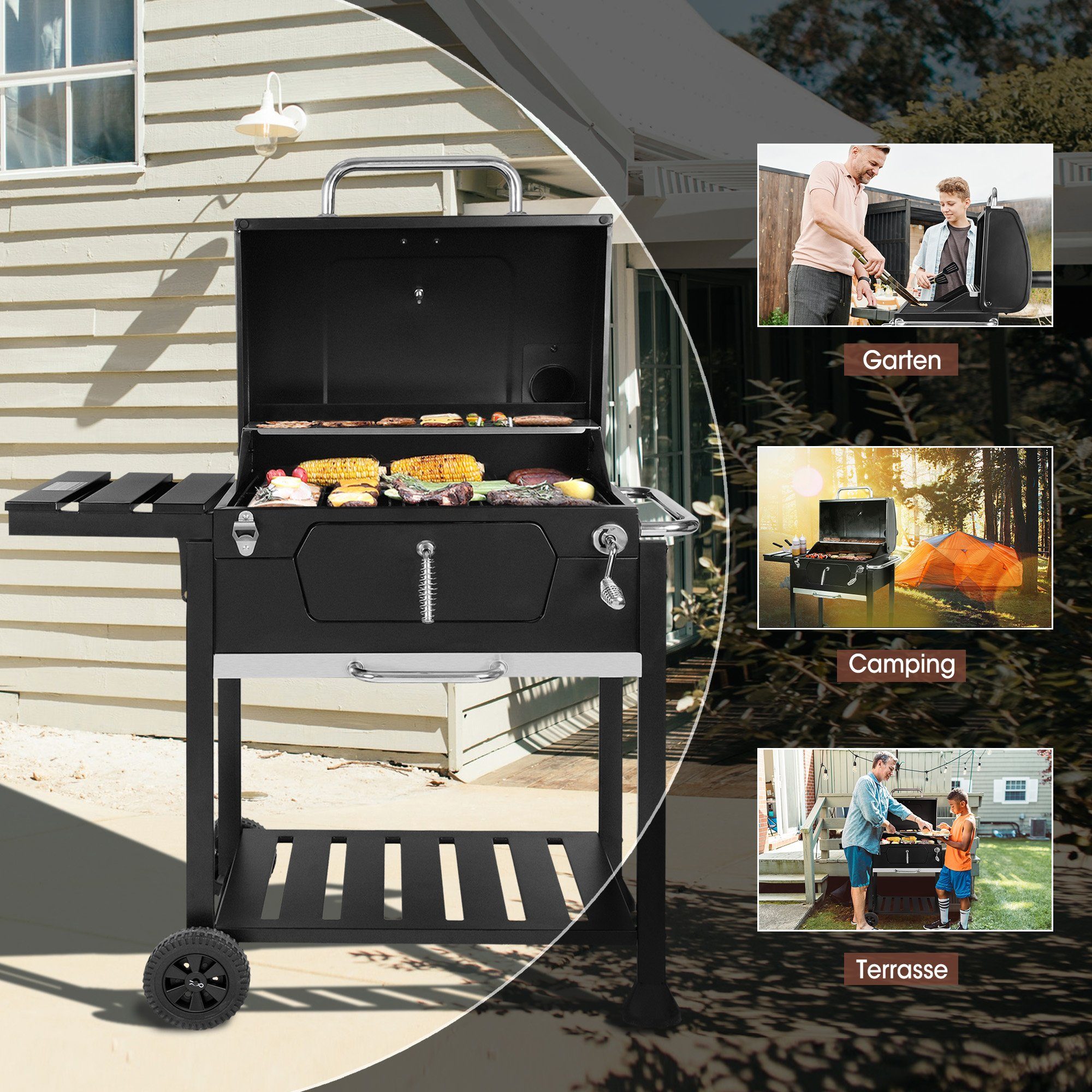 Royal Gourmet Holzkohlegrill, Grillwagen mit Deckel, Standgrill, 100 x 64,5 x 119,5 cm (L x W x H)