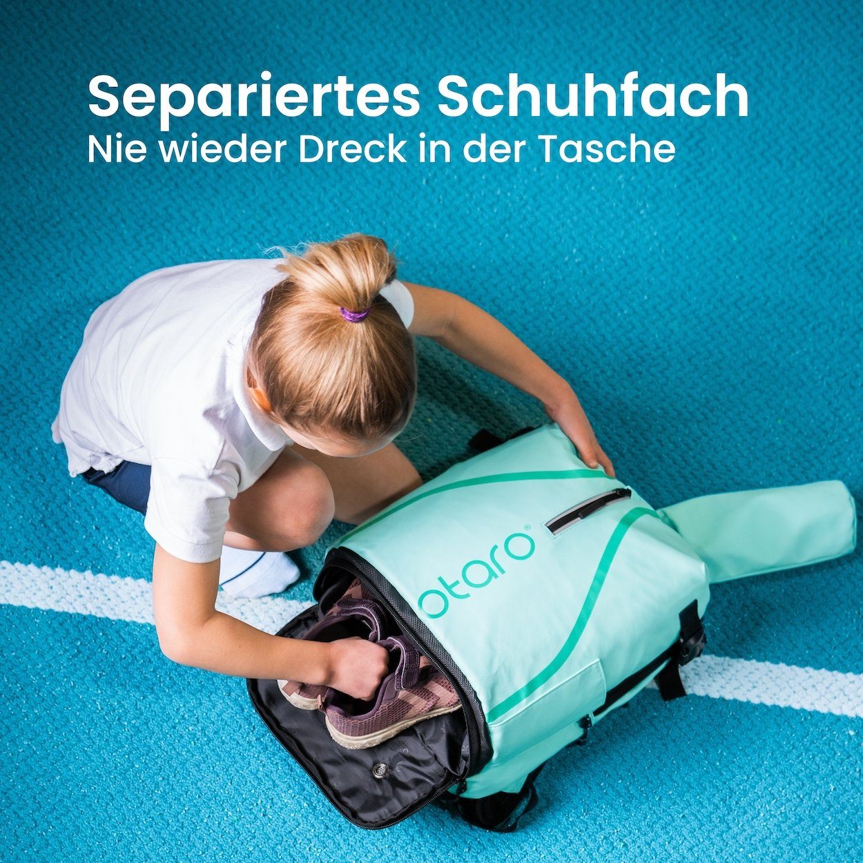Otaro Tennisrucksack Kinder mit Schuhfach als Sportrucksack Kinder bequeme Polsterung (Wasserabweisende Regenschutzhaube, Für Sport, Schule oder Freizeit), Aus wasserabweisender LKW-Plane