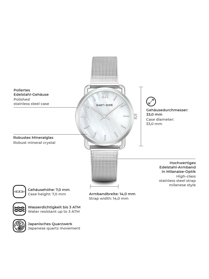 Eastside NY Damen Quarzuhr silber Edelstahl silber in silber günstig kaufen 20 cm
