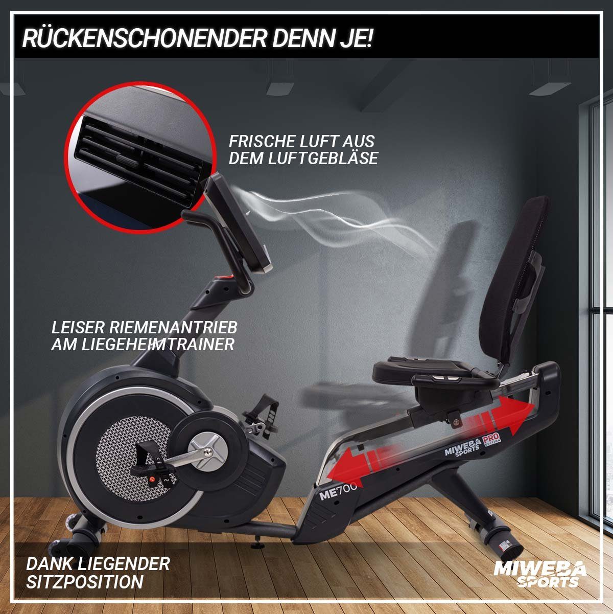 Miweba Sports Ergometer Liegeergometer ME700 mit Herzfrequenzkontrolle - 16 Kg Schwungrad (Fettverbrennung, Intervalltraining, Watt-Programm, Watt konstant, H.R.C. (Herzfrequenzkontrolle), 150 Kg max. Belastbarkeit, Heimtrainer, Liegeheimtrainer, Car