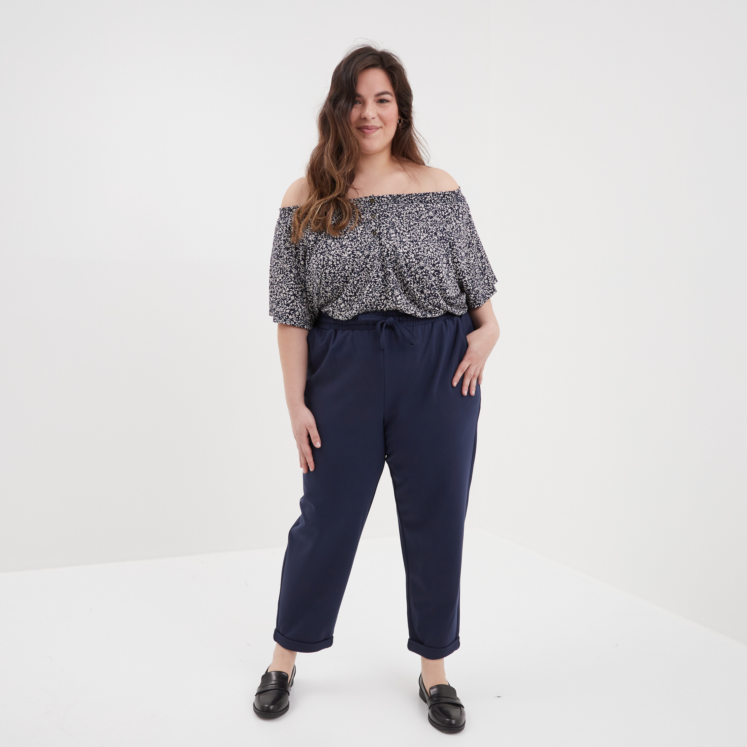 T-shirt col smocké manches courtes bleu marine femme grande taille | La Halle