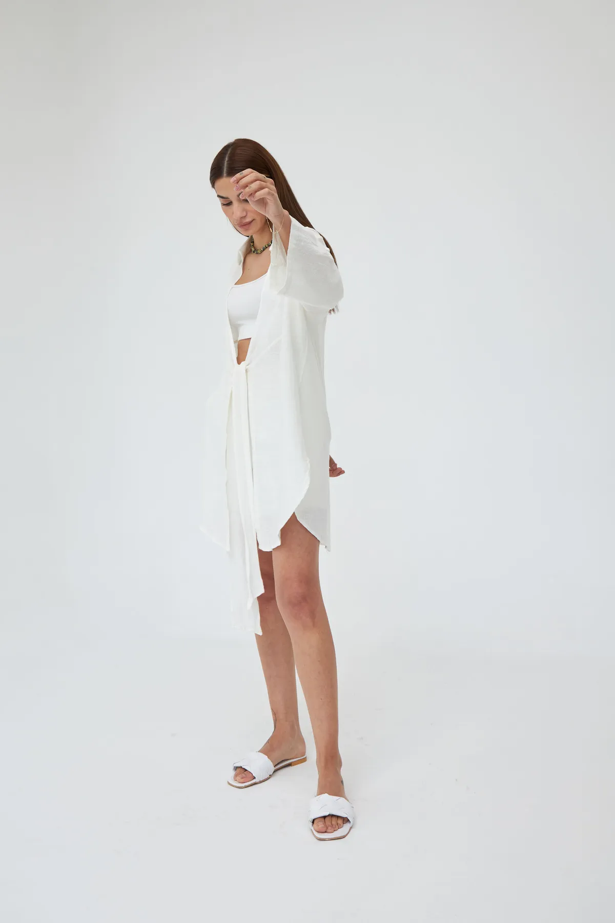 Laluvia  Off White Flam Leinen-Kimono-Hemd