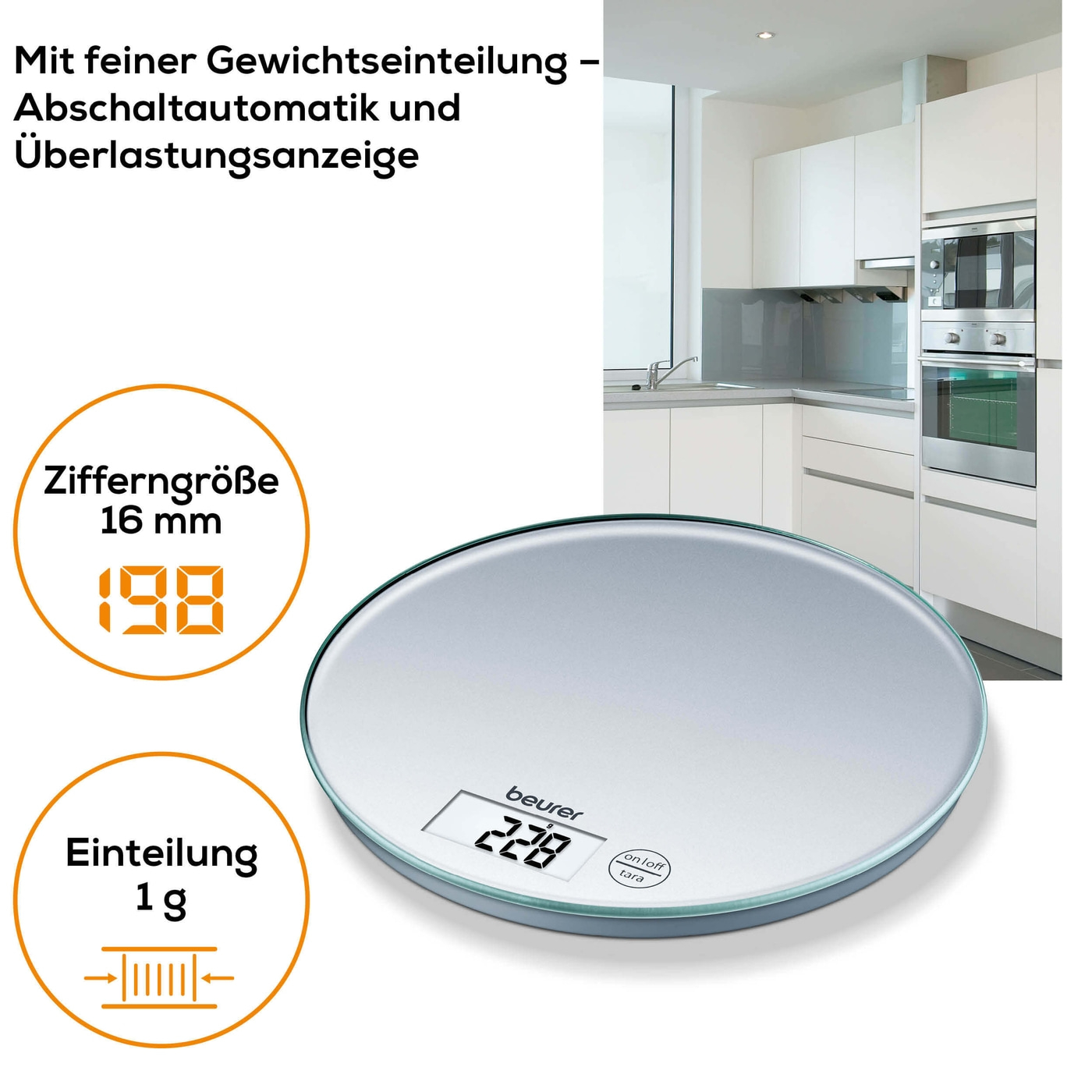 Beurer Küchenwaage - KS 28-Runde Küchenwaage mit Glasoberfläche in flachem & modernen Design