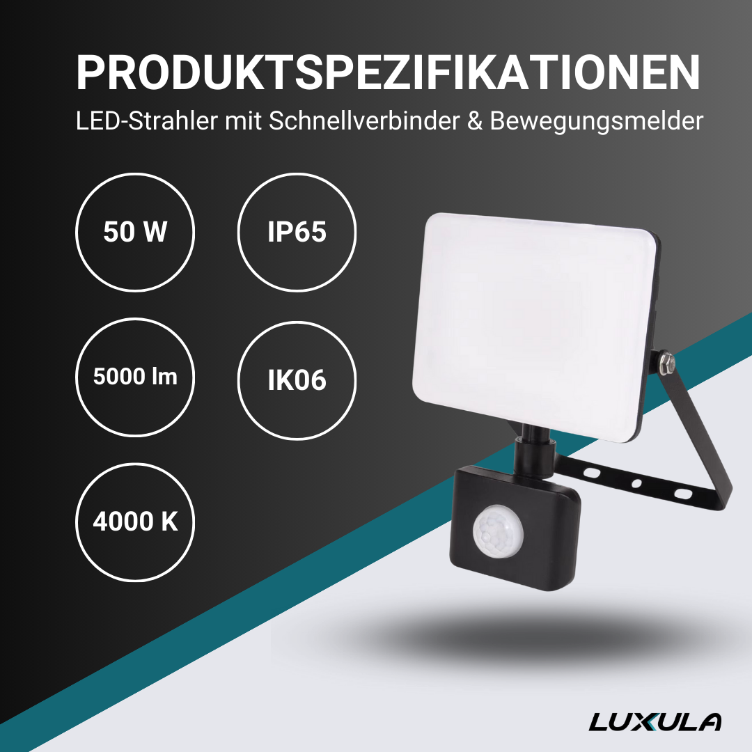 LUXULA LED-Fluter mit Schnellverbinder & Bewegungsmelder, white cover, 50 W, 4000 K (neutralweiß)