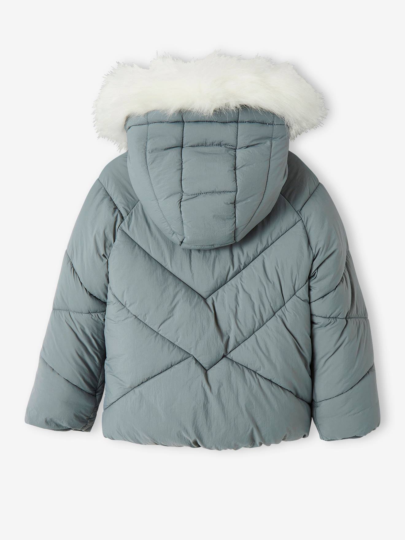 Doudoune courte à capuche doublée sherpa fille. vert