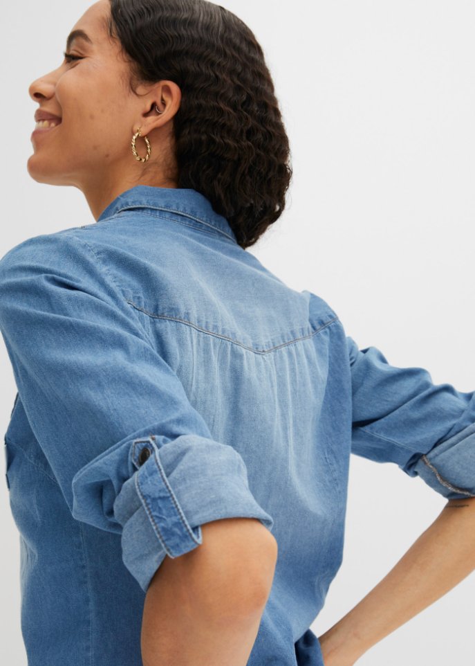 Jeansbluse mit Druckknöpfen, Langarm