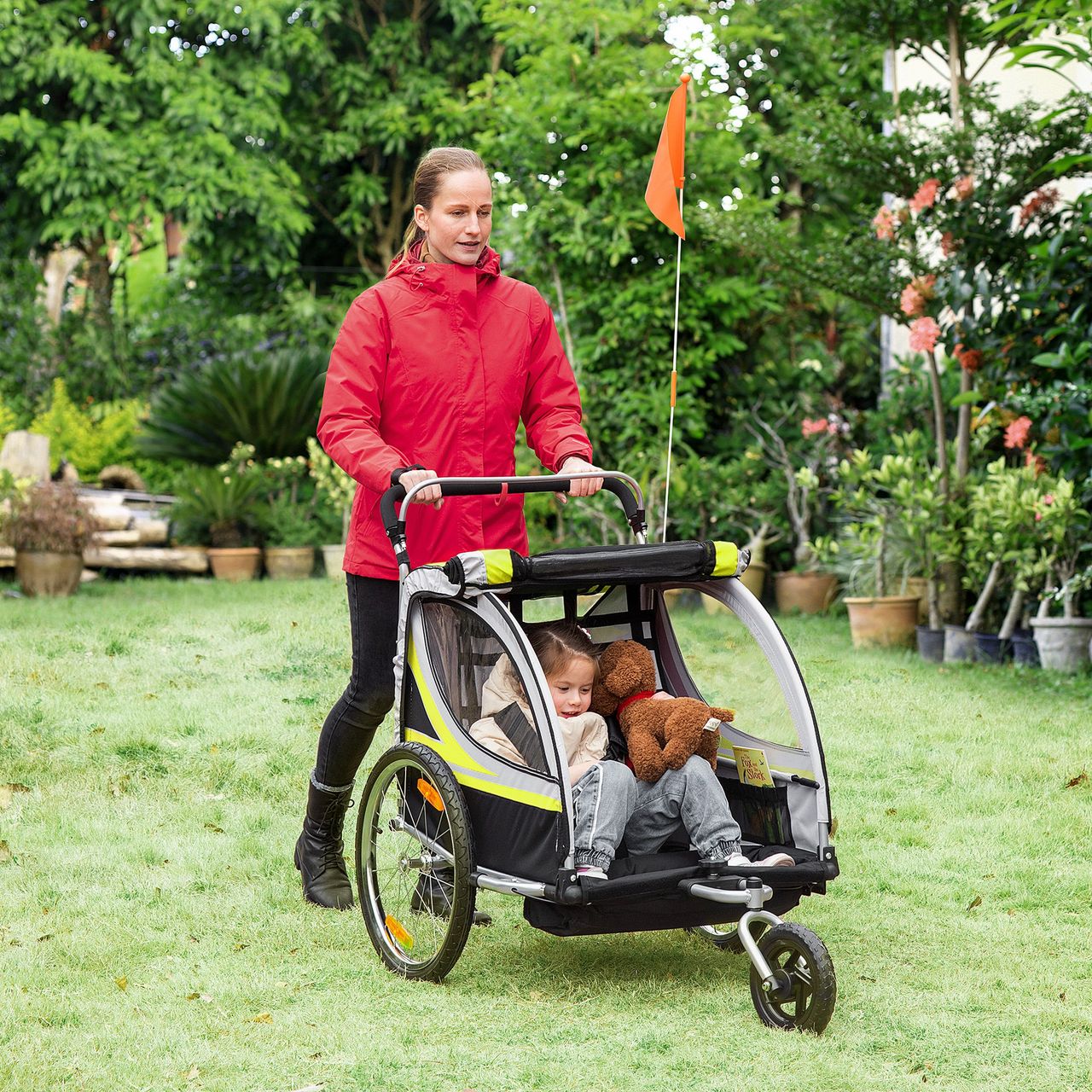 HOMCOM 2 in 1 Kinderanhänger, Fahrradanhänger mit 5-Punkt Sicherheitsgurt, Gelb