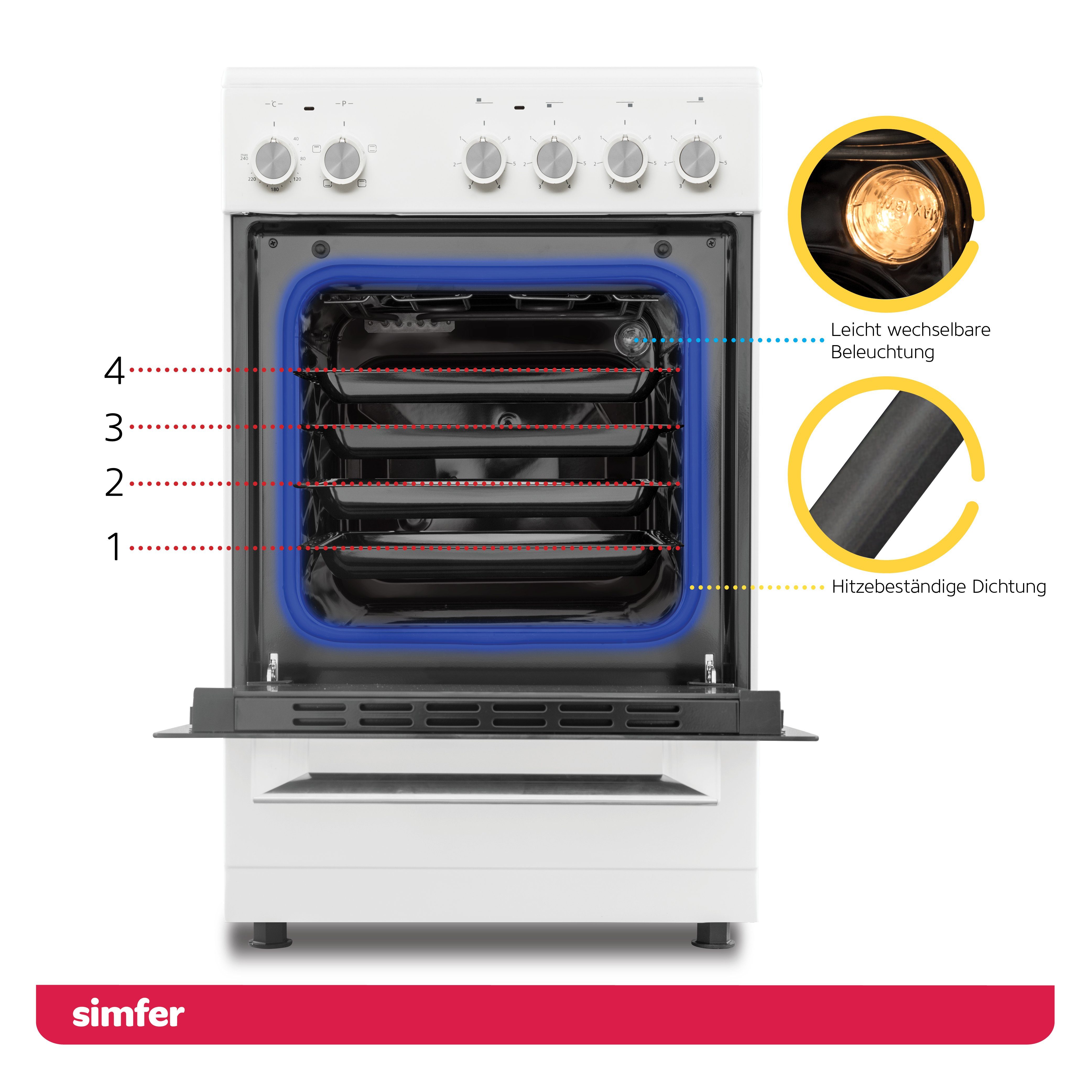 Simfer Elektro-Standherd SMF-FS 4227, 50 cm Herde, Glaskeramikkochfeld, 48 Liter, 4 Funktionen, mit Teleskopauszug nachrüstbar, Grillfunktion, Geschirrfach mit Deckel, Zweifach verglaste Backofentür