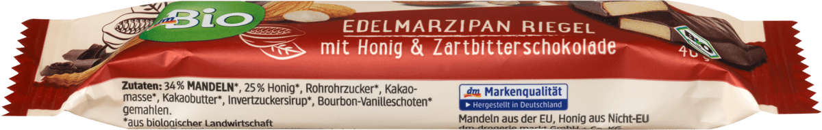 Schokoriegel, Edelmarzipan mit Honig & Zartbitterschokolade, 40 g