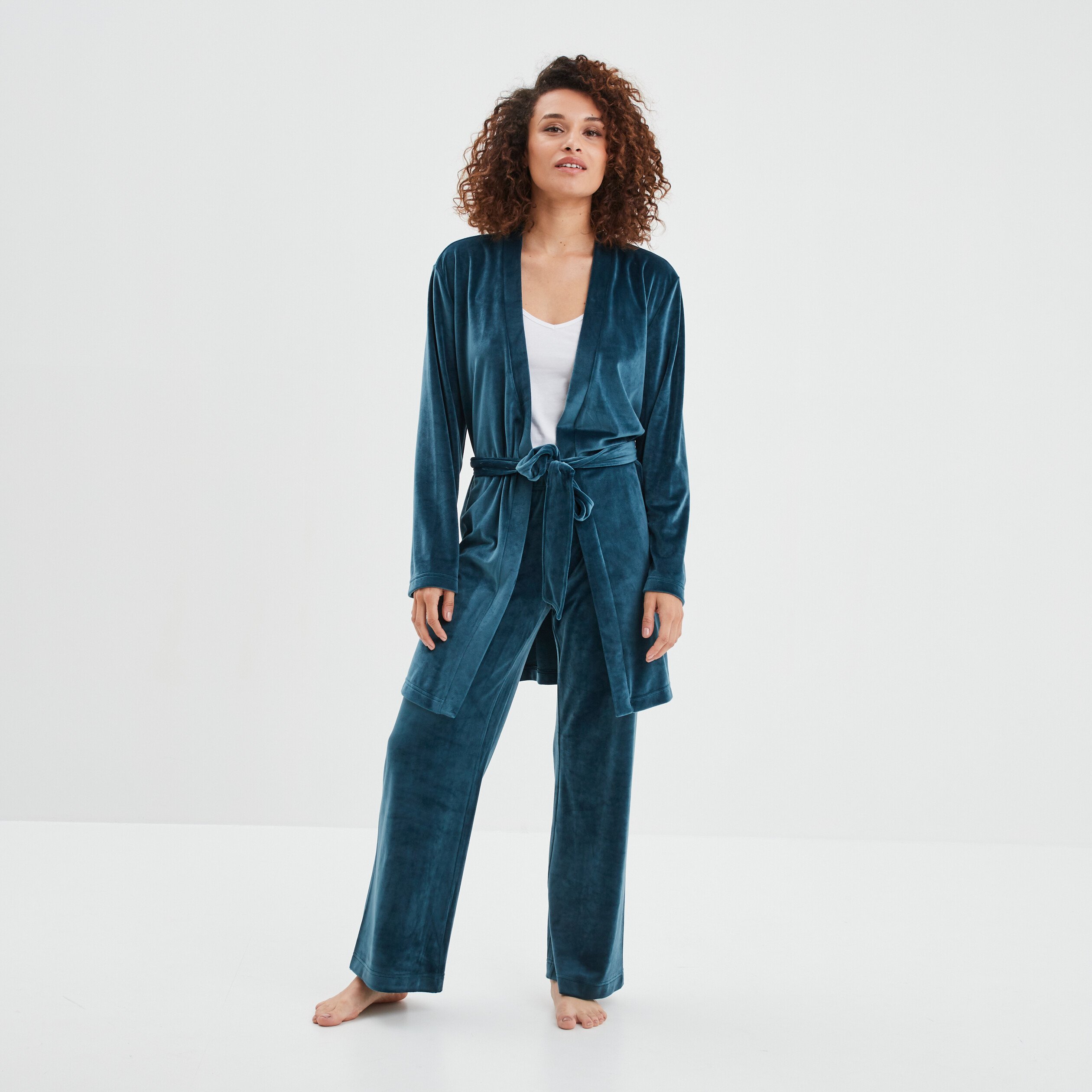 Peignoir velours ceinturé Miniato bleu canard femme | La Halle