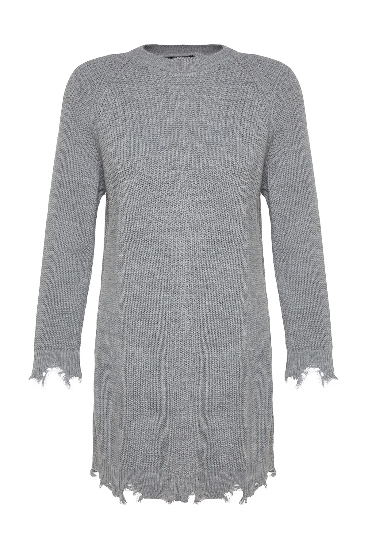 Trendyol Collection  Graues Mini-Strickkleid mit auslaufendem Detail und Raglanärmeln TWOAW24EL00113