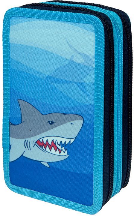 Scooli Federmäppchen Tripledecker, Shark Alarm, befüllt, inkl. Geodreieck