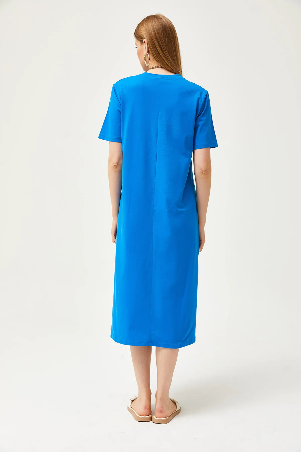 Olalook  Damen-Saks-Blaues Oversize-Baumwollkleid mit Seitenschlitzen ELB-19001880
