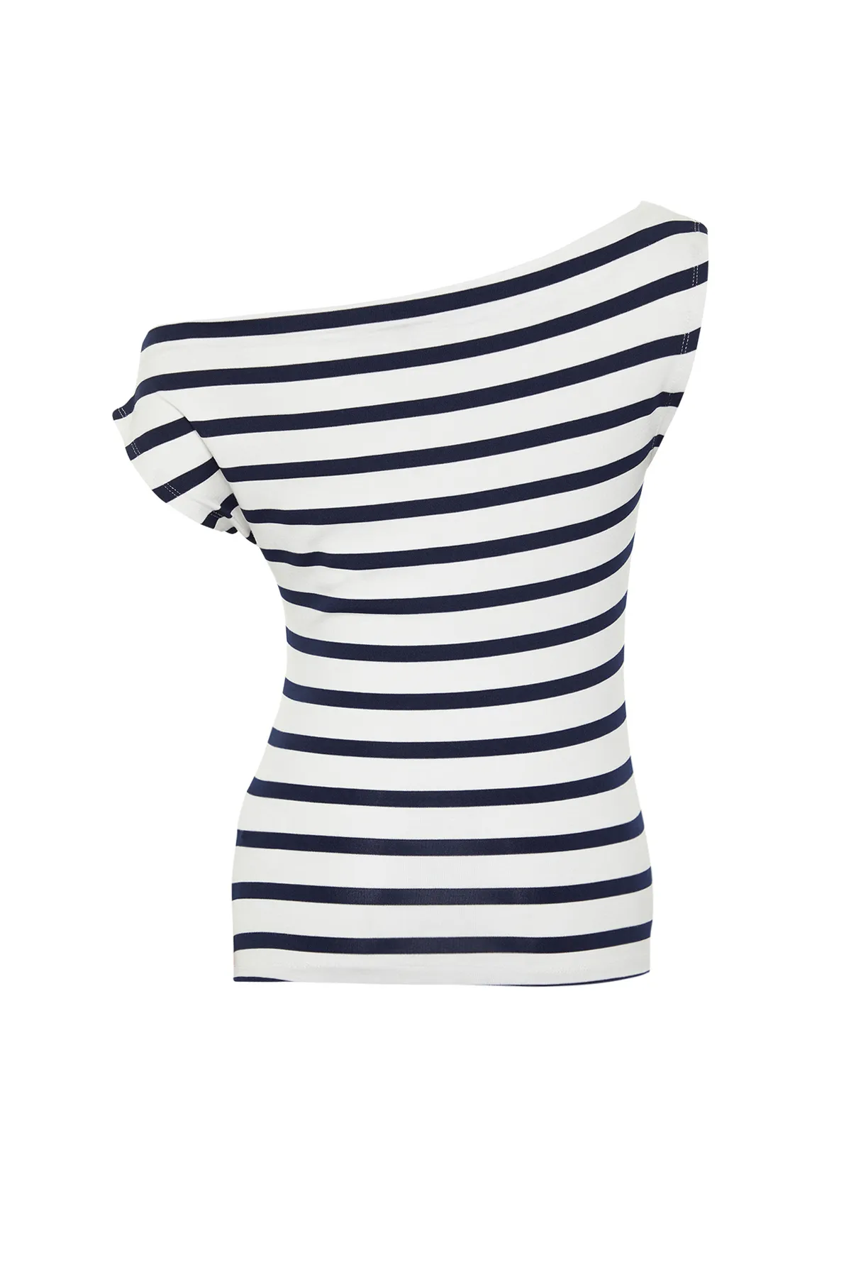Trendyol Collection  Marineblau gestreifte, taillierte, flexible Strickbluse mit U-Boot-Ausschnitt und viskosem/weichem Stoff TWOSS24BZ00090