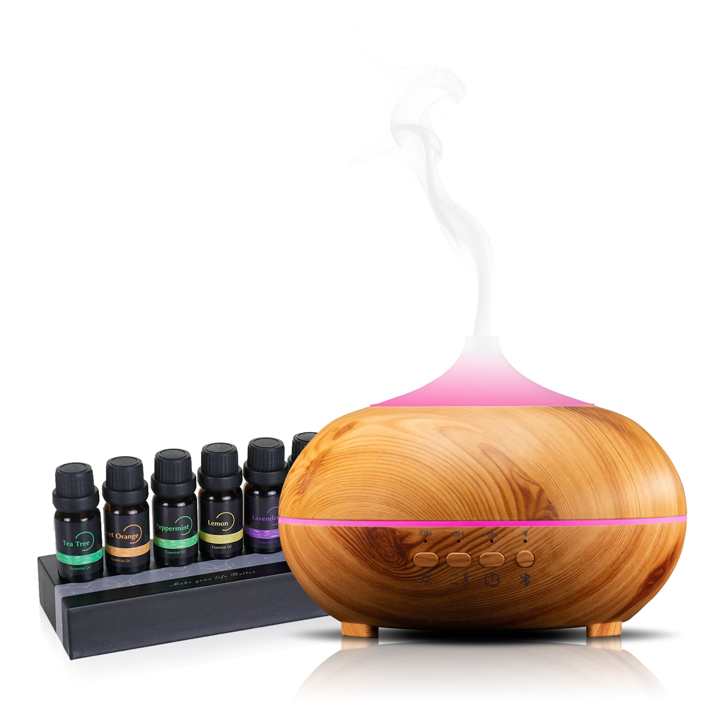 Hyrican Luftbefeuchter PST00183 Aroma-Bluetooth Luftbefeuchter inkl. Duftölset, 7 LED-Farben, 0,3 l Wassertank, Diffuser/Diffusor 300 ml, Holzoptik, integrierter Lautsprecher