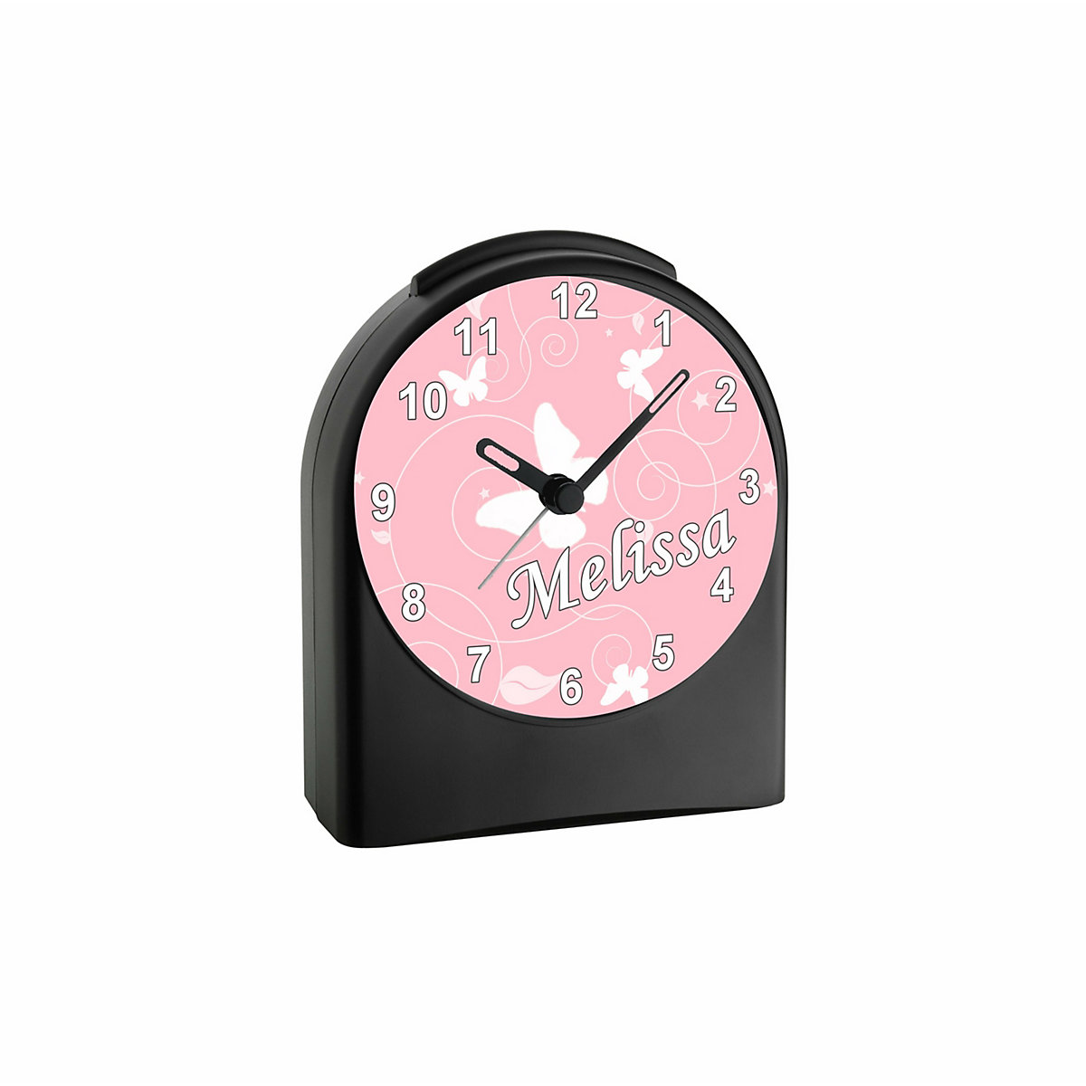 Kinder Funkwecker personalisiert mit Namen Schmetterling Ornamente Atom-/Funkuhr, 12-Stunden-Anzeigeformat, Schlummerfunktion, Nachtlicht, Geräuschlos/Ohne Ticken