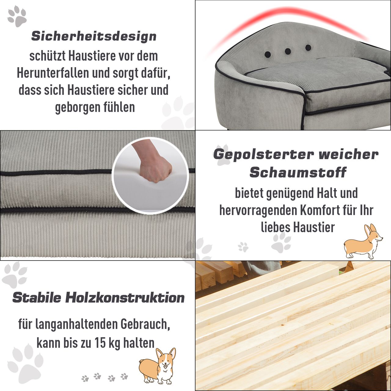 PawHut Haustiersofa, Hundebett, Hundematte, Hundesofa, Naturholz Plüsch, Grau, 66,5 x 45 x 35,5 cm