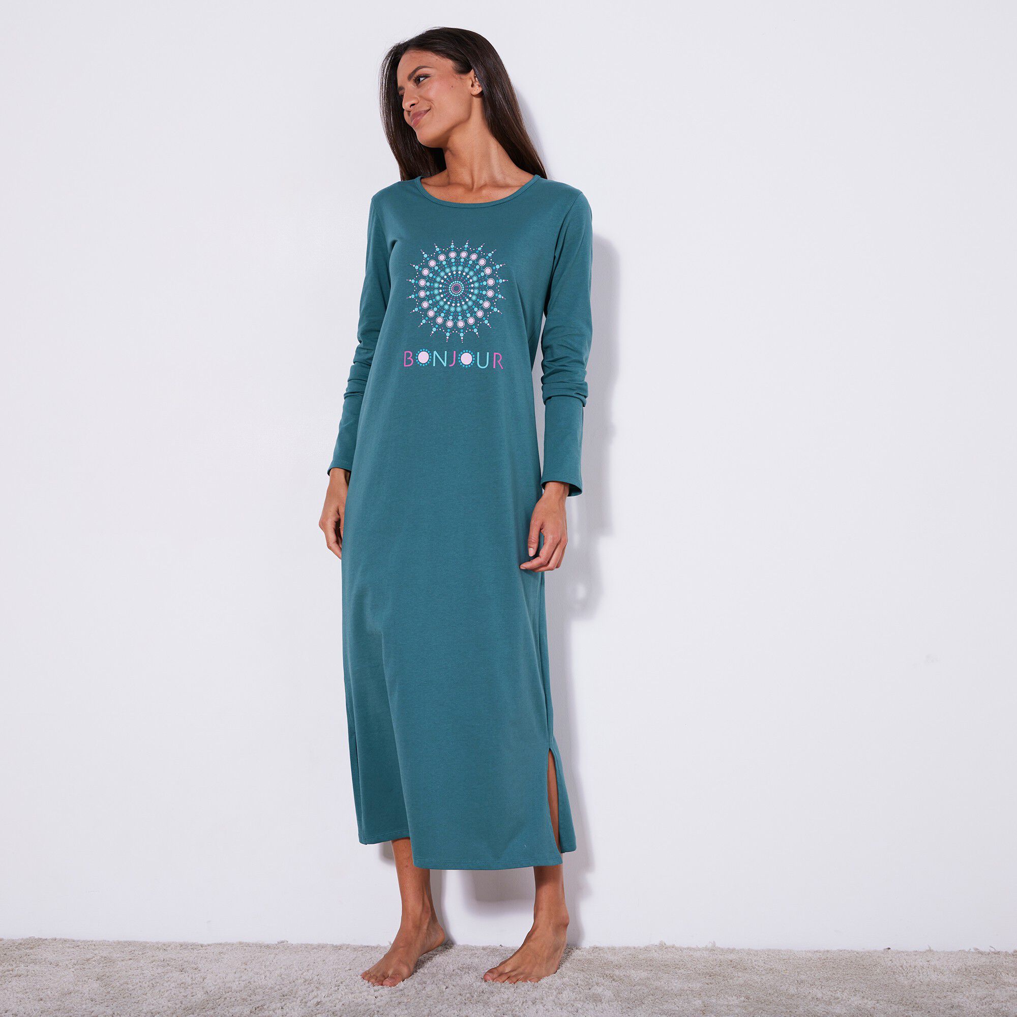 Chemise de nuit longue manches longues imprimée « bonjour »