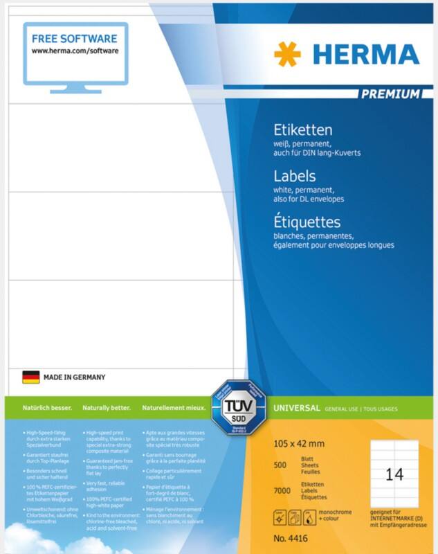HERMA Adressetiketten 4416 Weiß Rechteckig 105 x 42 mm 500 Blatt à 14 Etiketten