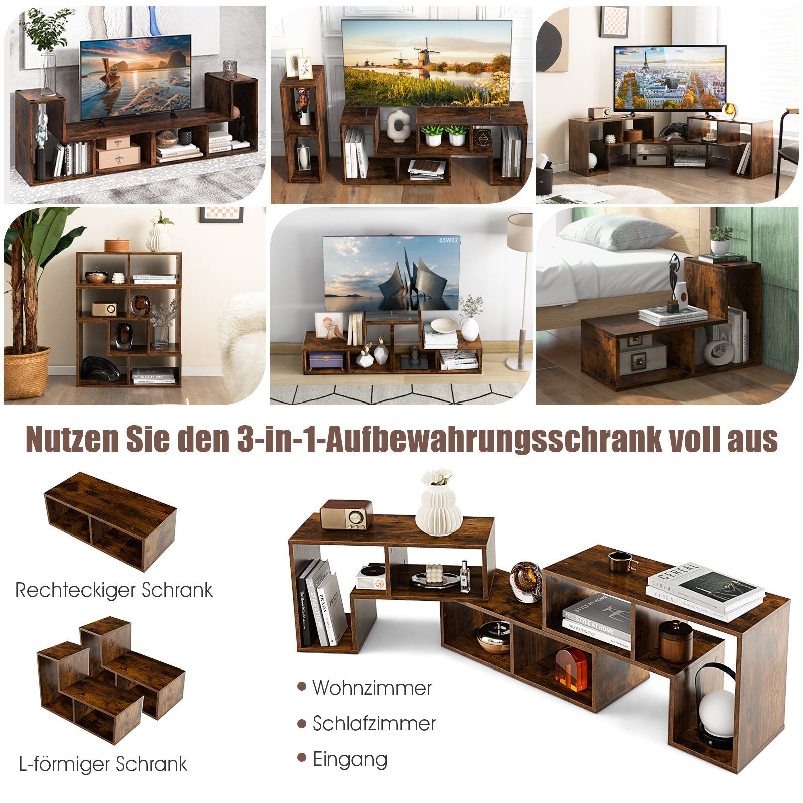 COSTWAY TV-Schrank Lowboard 3-teilig, Frei Kombinierbar, für TVs bis zu 65