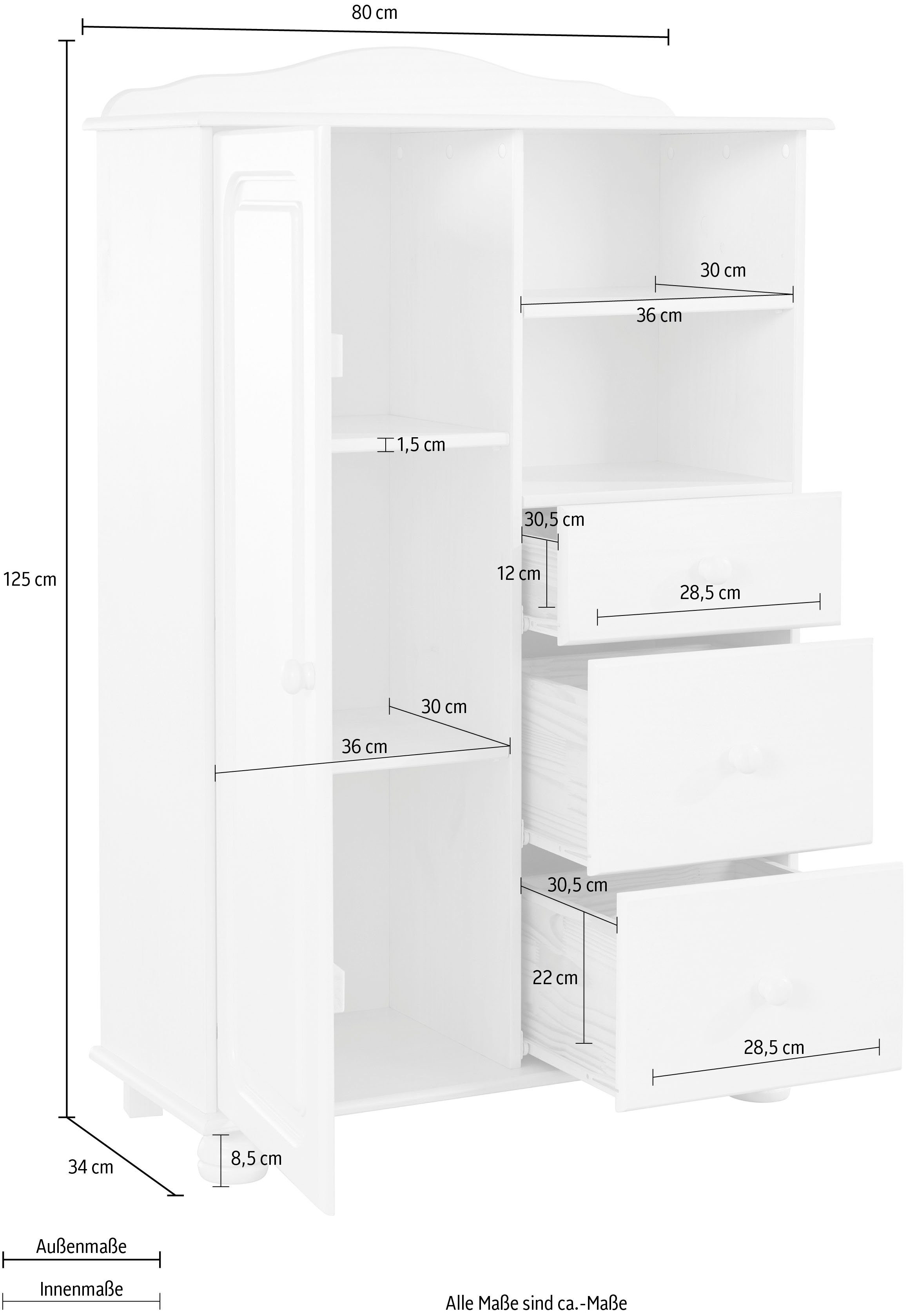 Home affaire Highboard Mette, mit 3 Schubladen und verstellbaren Einlegeböden