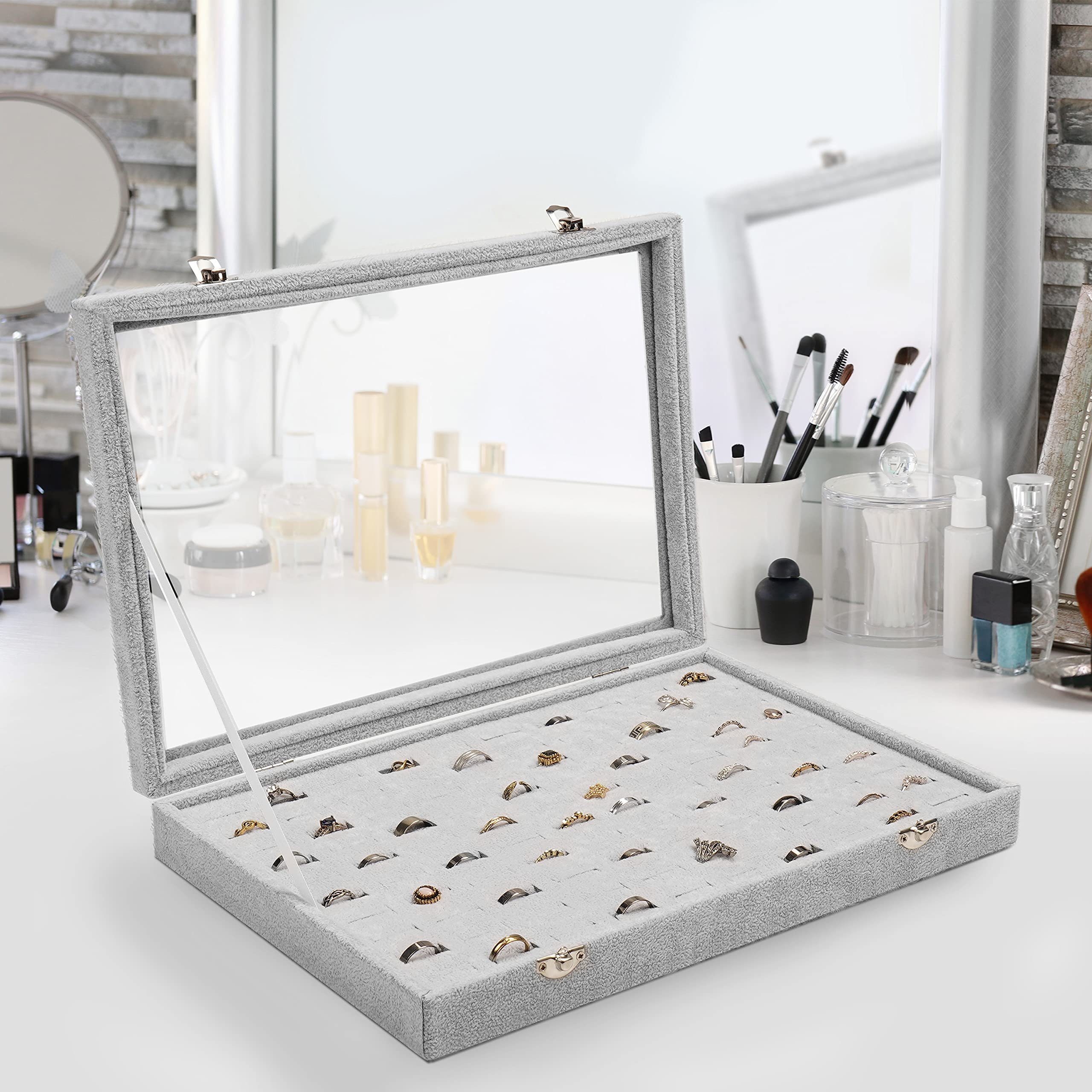 Belle Vous Schmuckständer Graue Schmuckaufbewahrungsbox: Ringbox mit 100 Fächern & Glasdeckel, Jewelry Storage Box: Gray Ring Box with 100 Compartments & Glass Lid