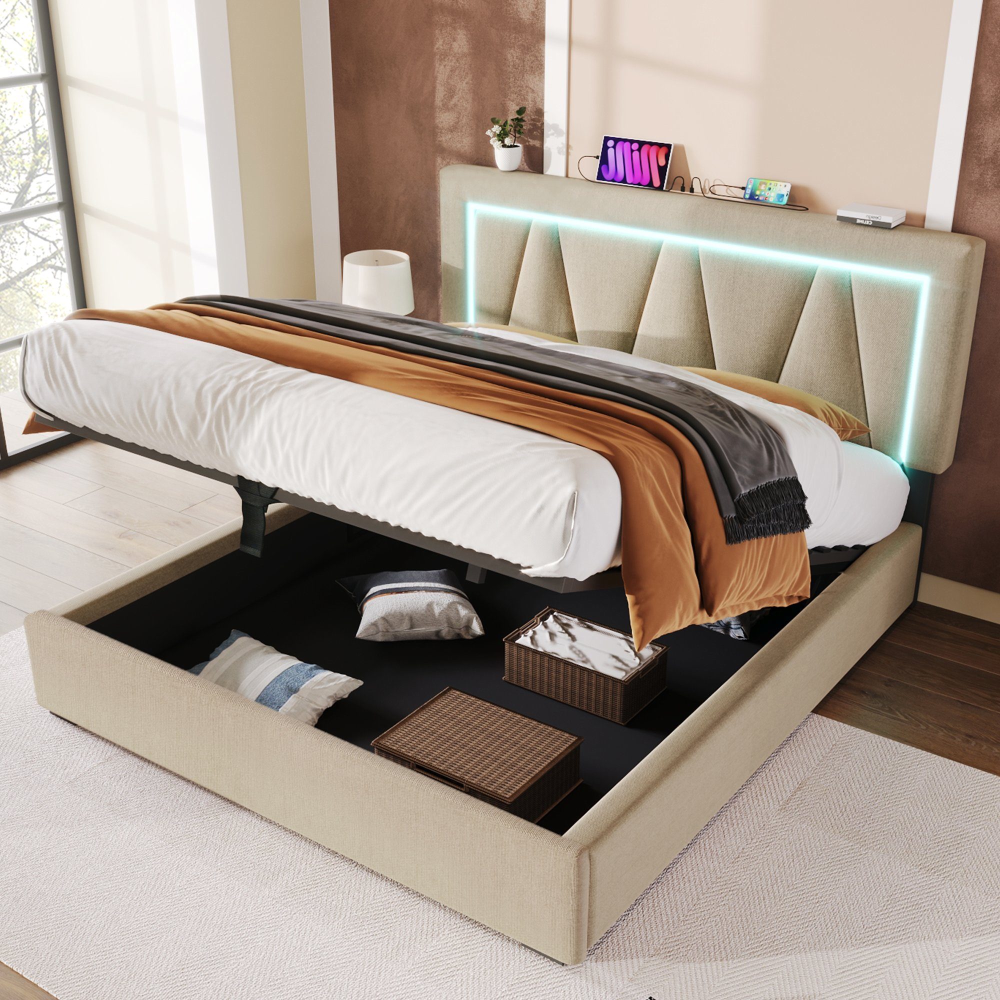 Flieks Polsterbett, LED Doppelbett Stauraumbett + USB/Typ-C Ladefunktion 140x200cm Leinen