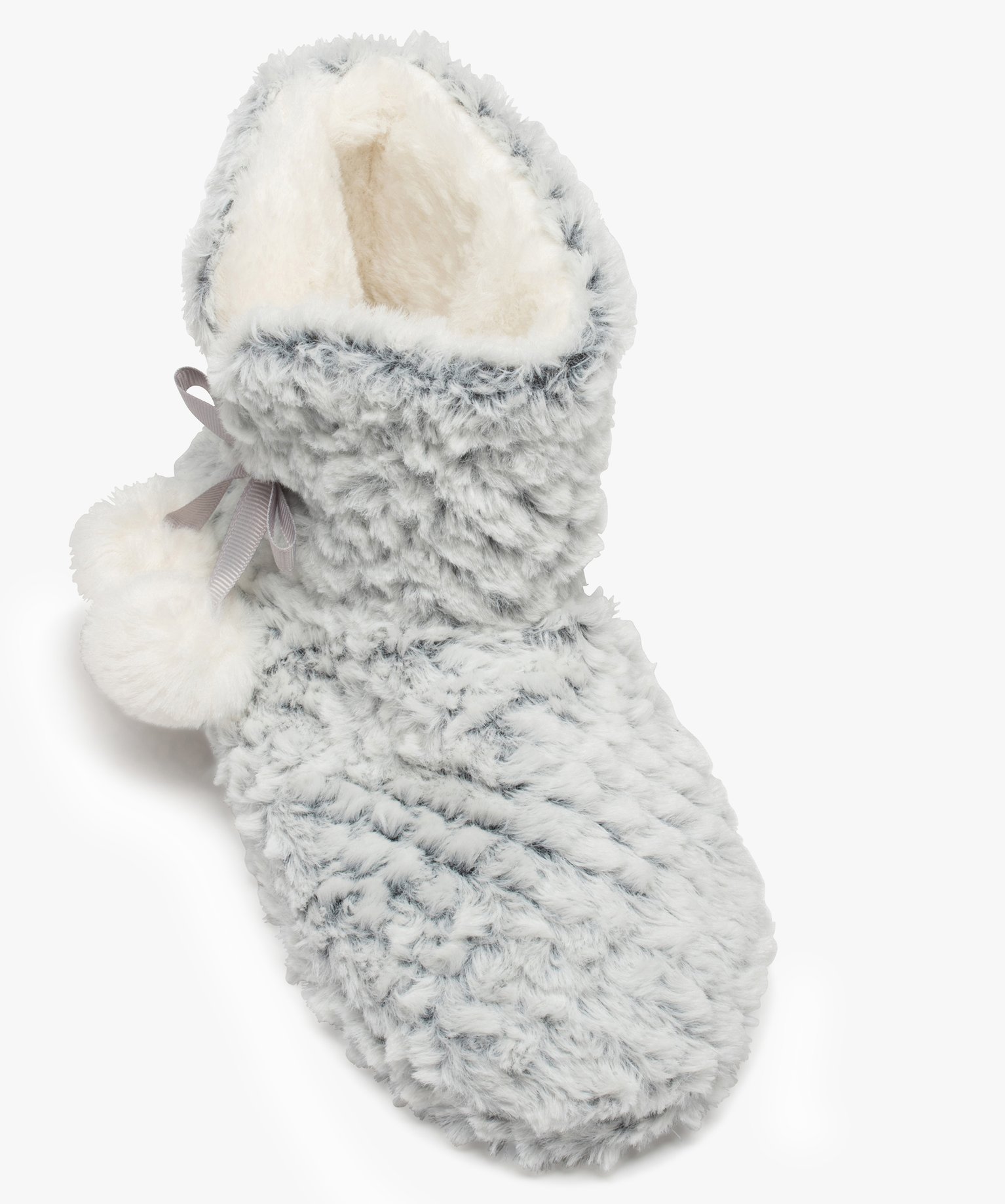 Chaussons boots fourrées avec pompons décoratifs femme gris | GEMO