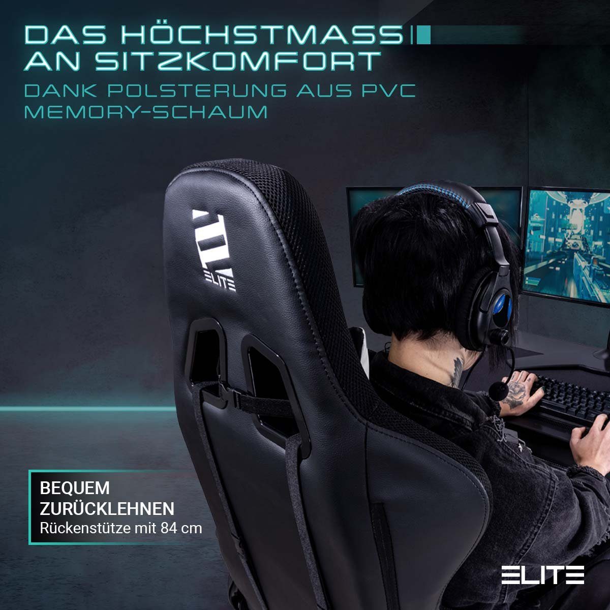 ELITE Gaming Gaming-Stuhl Ergonomischer Bürostuhl Destiny inkl. Rücken- & Nackenkissen (Drehstuhl mit 2D-Armstützen, verriegelbare Wippmechanik, mechanische Härtegradeinstellung, verstellbare Sitzhöhe, 90° klappbare Rückenlehne, Sicherheits-Doppelrol