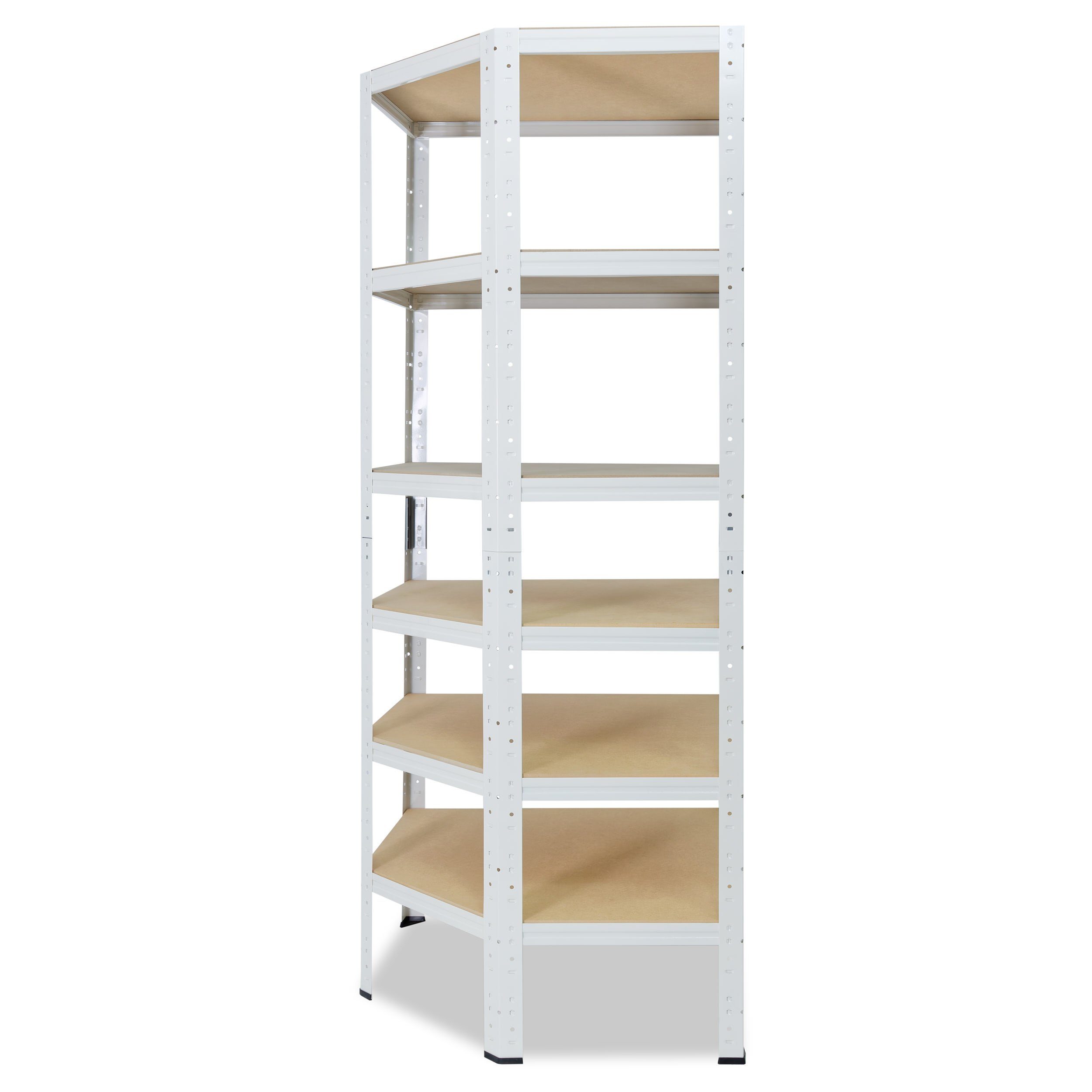 shelfplaza Eckregal HOME, 180x70x40cm weiß, Metall Eckregal stehend mit 6 Böden, Corner Shelf 145kg Tragkraft Schwerlastregal Ecke, Steckregal verzinkt Eckregal Keller Garagen Regal