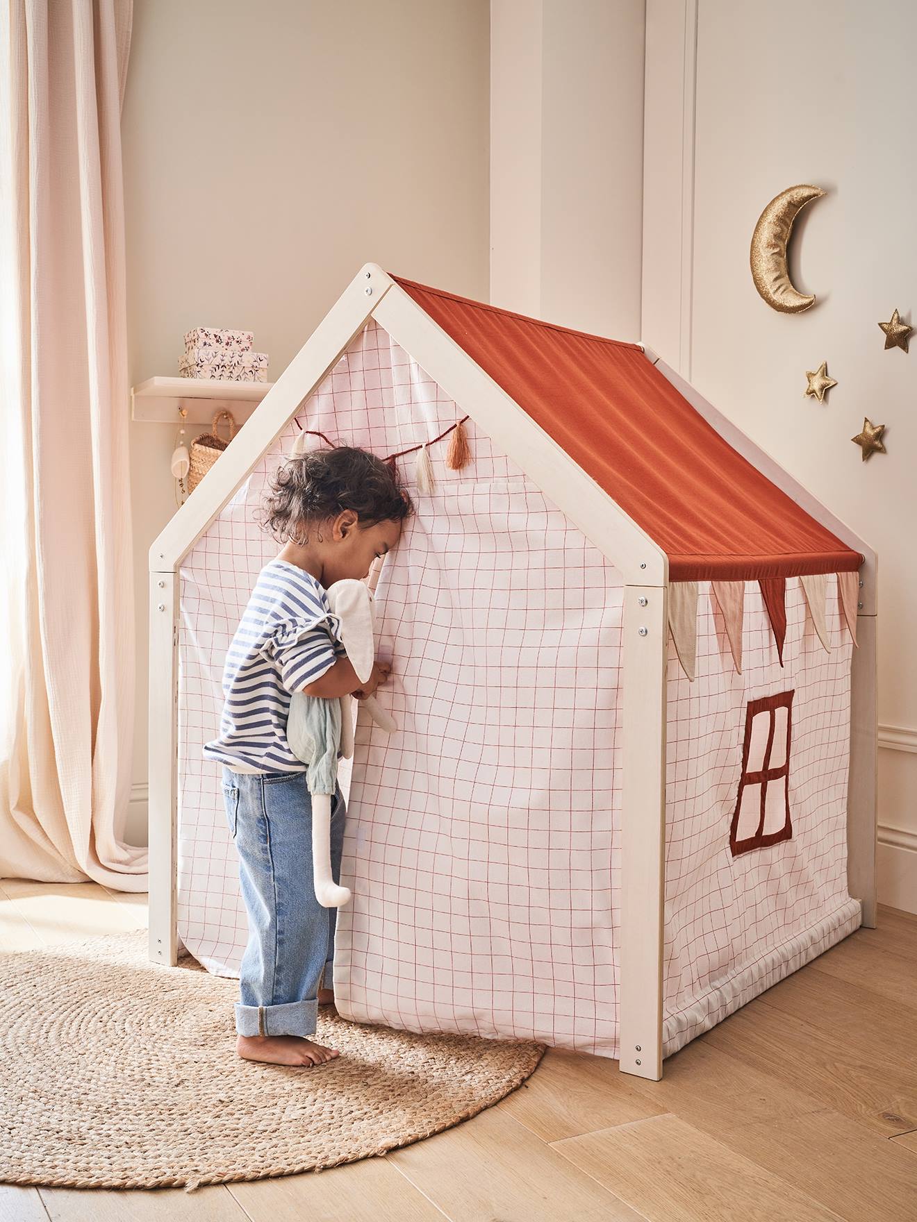 Vertbaudet Kinder Spielzelt, Spielhaus aus Stoff/Holz FSC - wollweiß
