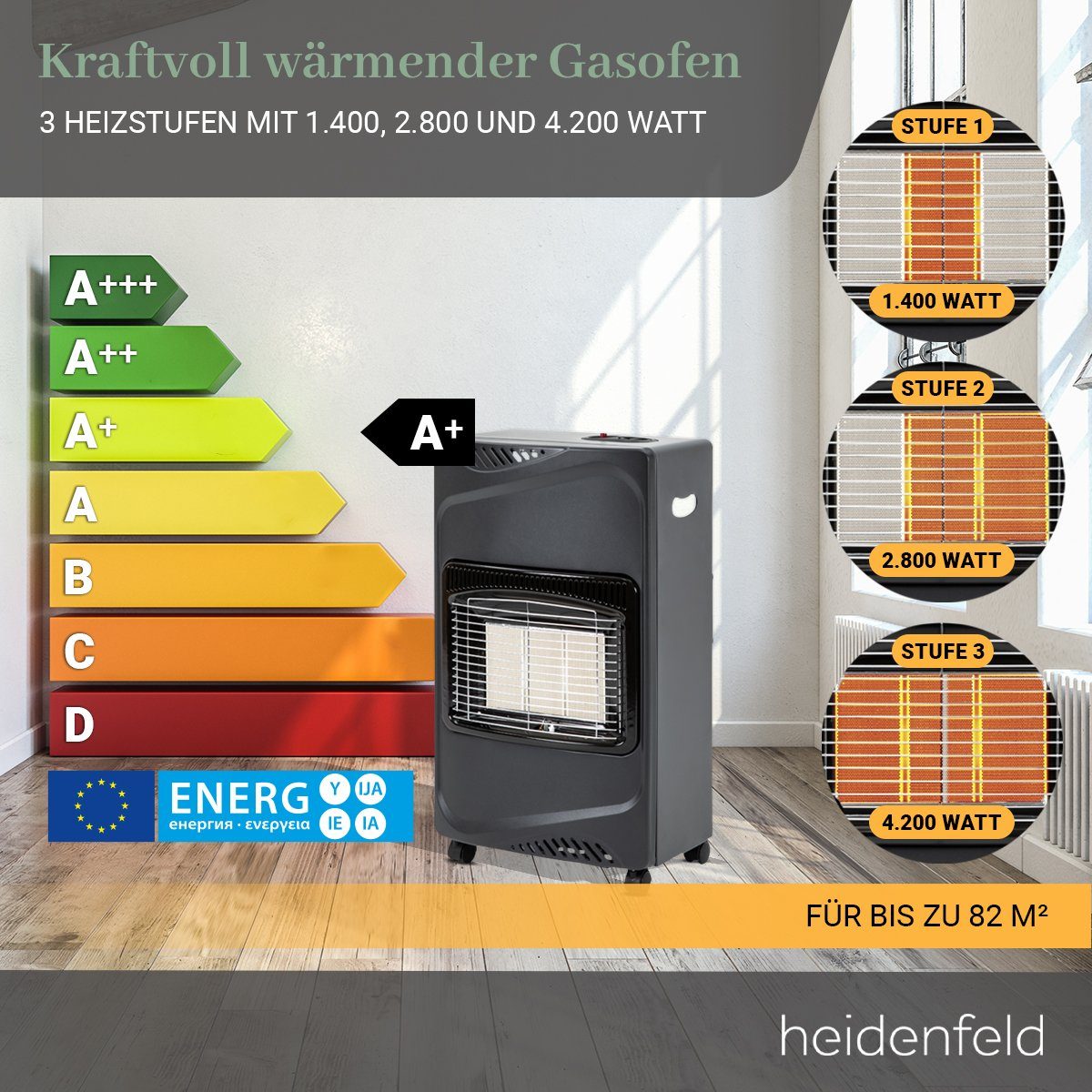 Heidenfeld Heizstrahler Gasheizer GH100 inkl. 3 Jahre Garantie Piezo Zündung, 4200 W, Wärmestrahler 3 regelbare Wärmeleistungen - Heizung - Gasheizgerät