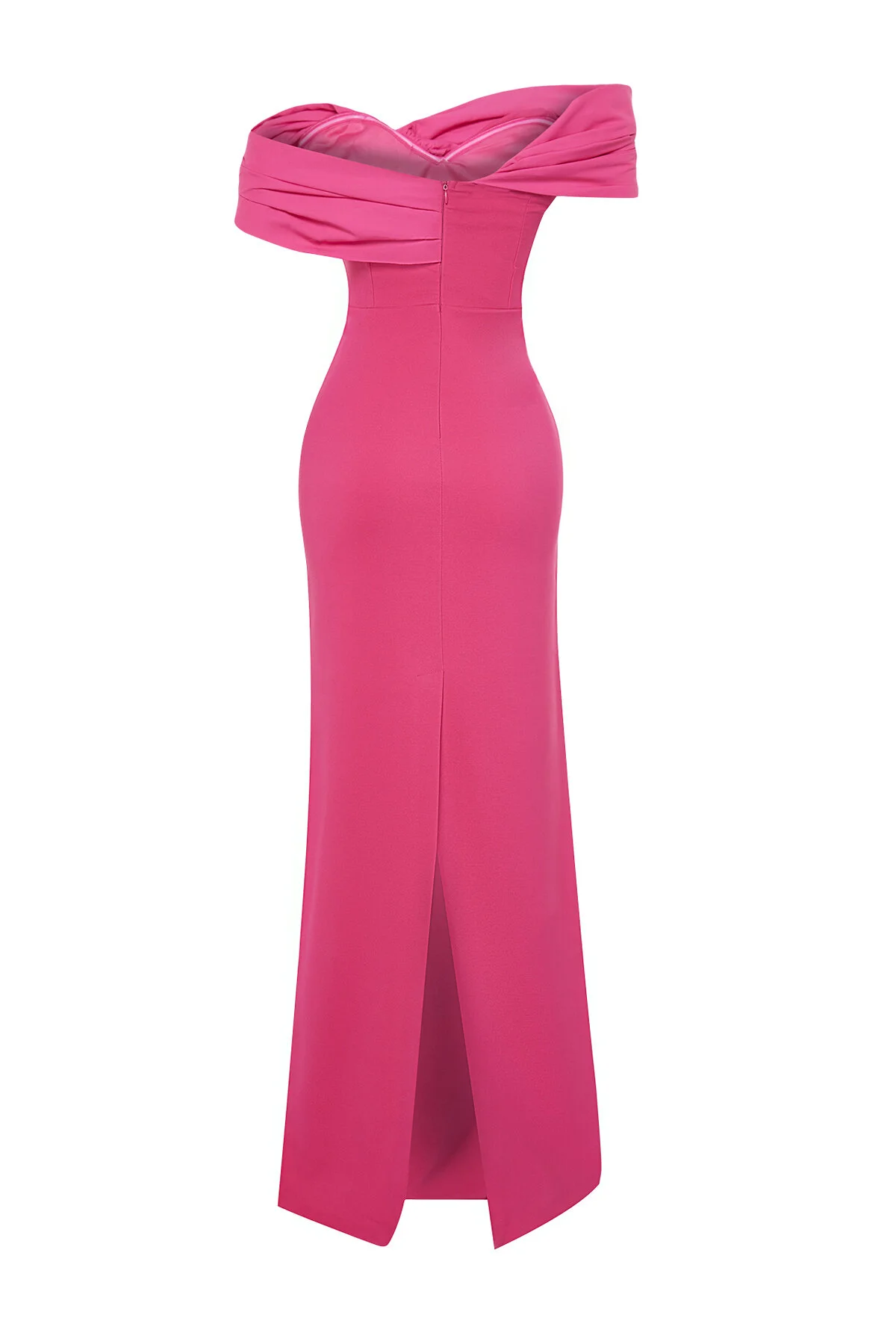 Trendyol Collection  Rosafarbenes, figurbetontes, asymmetrisches Popeline-Abendkleid mit detailliertem Kragen TPRSS24AE00084