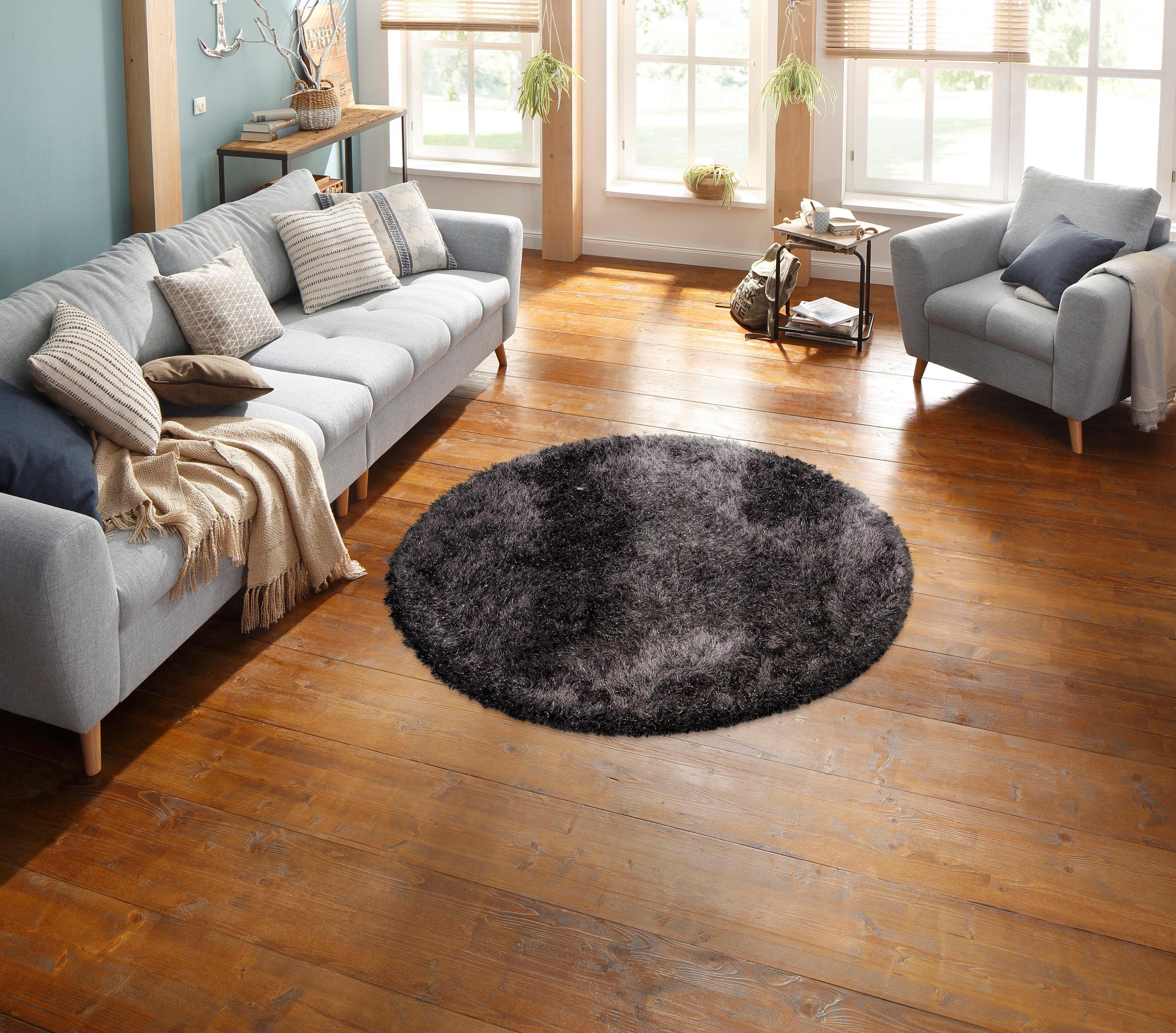 Hochflor-Teppich Glossy 411, merinos, rund, Höhe: 70 mm, besonders weich durch Microfaser, Wohnzimmer