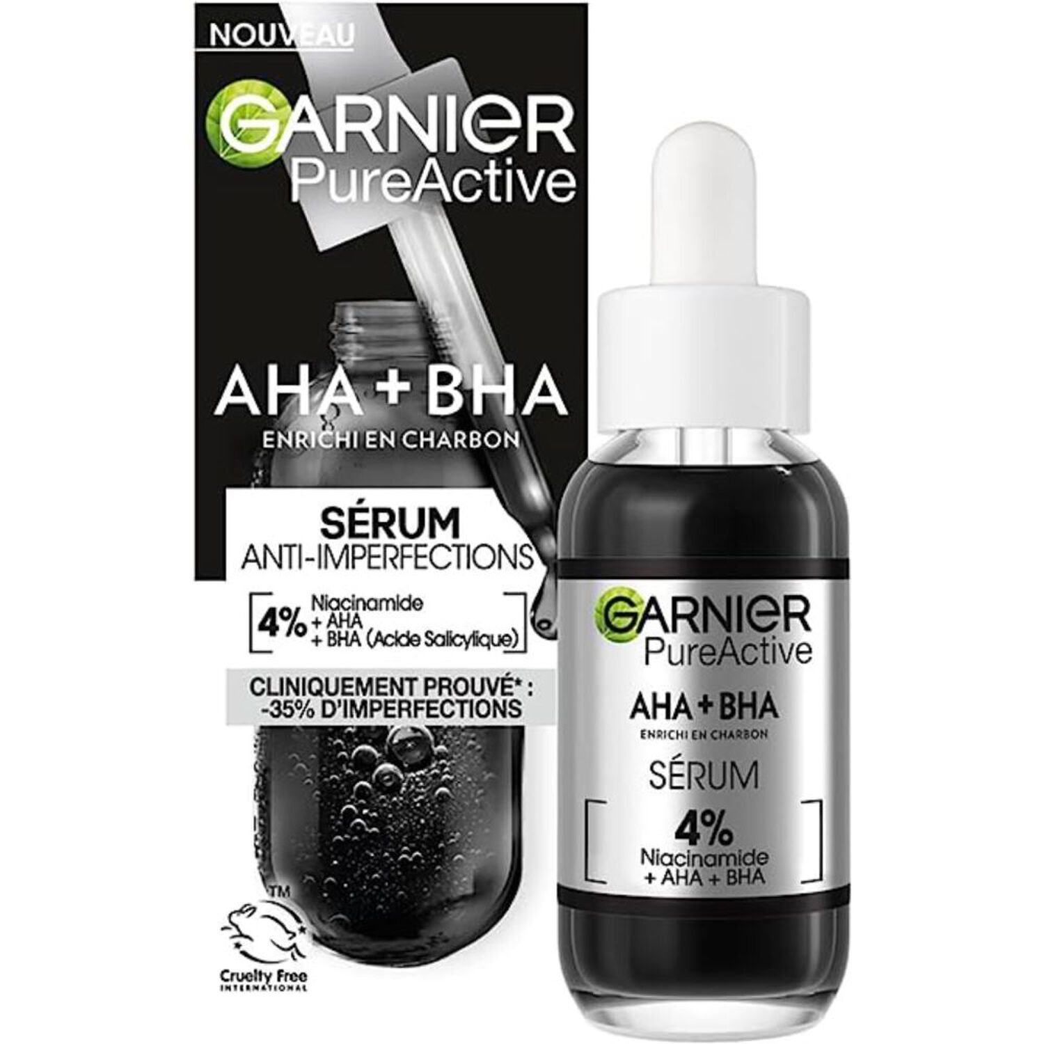 Garnier Pure Active Sérum Anti-imperfections Niacinamide, AHA, BHA, Enrichi en Charbon