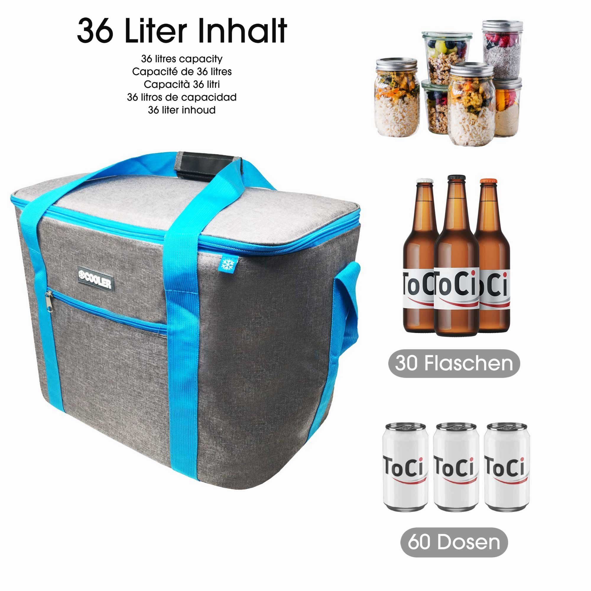 ToCi Kühltasche 36 Liter große Kühltasche Kühlbox Dunkelgrau mit 6er-Set Kühlakkus