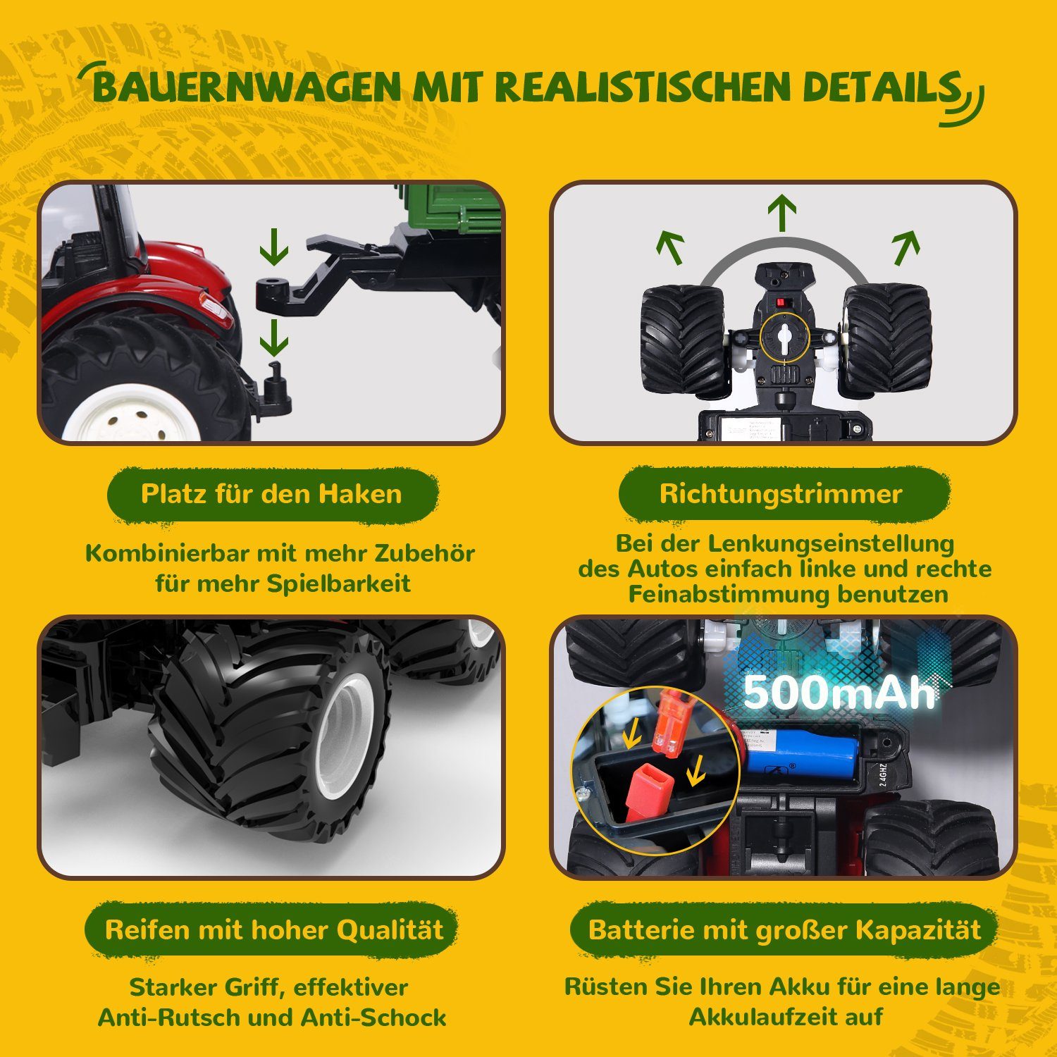 Esun RC-Traktor Ferngesteuerter Traktor mit Anhänger, Traktor Spielzeug ab 3 4 5 Jahre (Komplettset), Traktor Ferngesteuert Ackerschlepper mit Licht und Sound