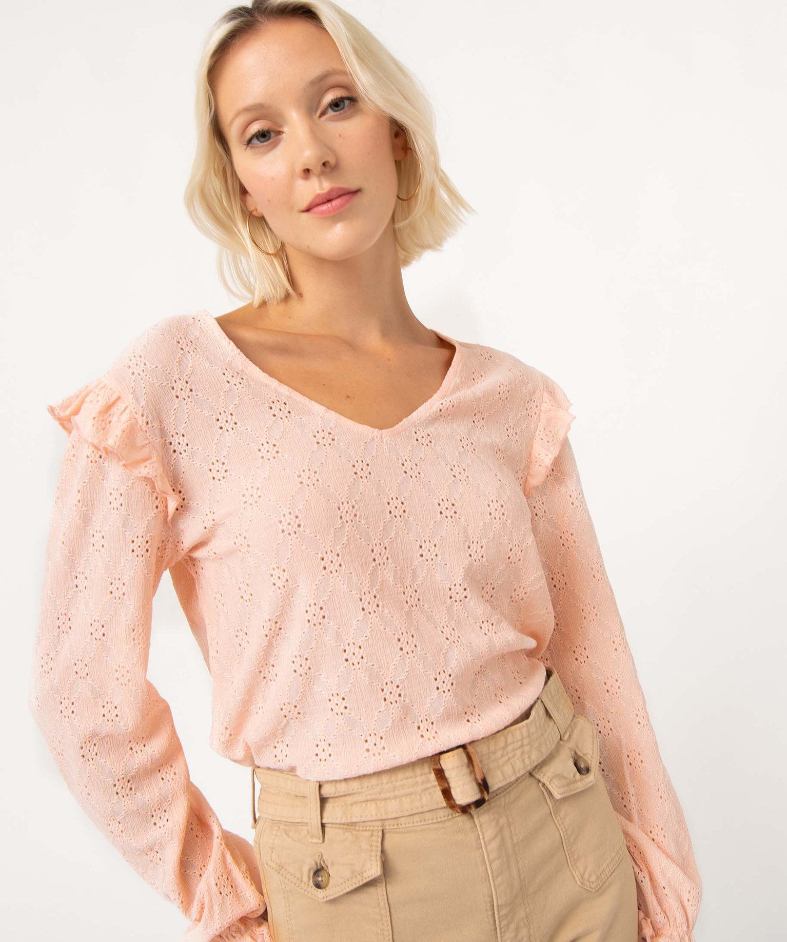 Tee-shirt femme à manches longues en maille ajourée rose | GEMO