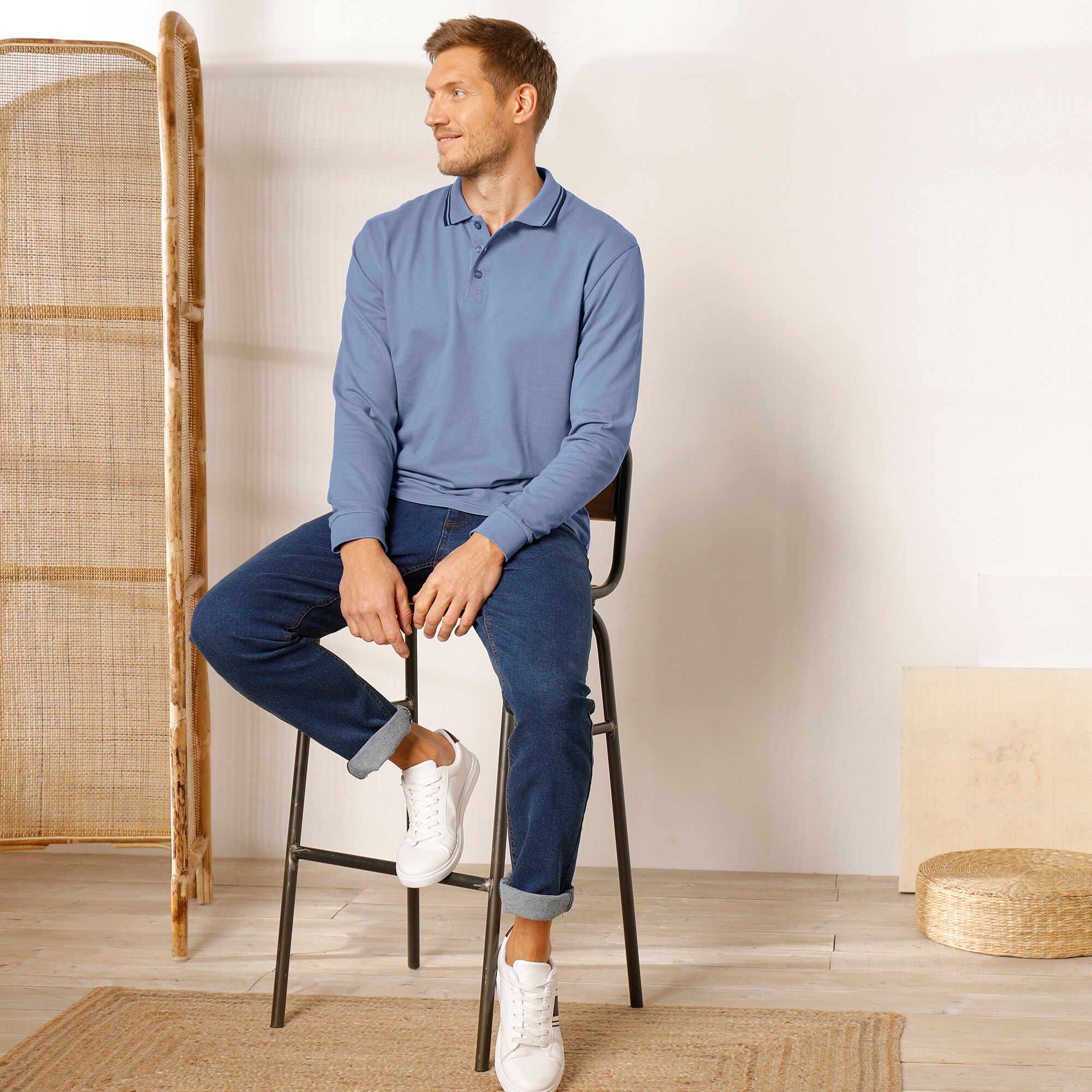 Polo uni maille piquée manches longues
