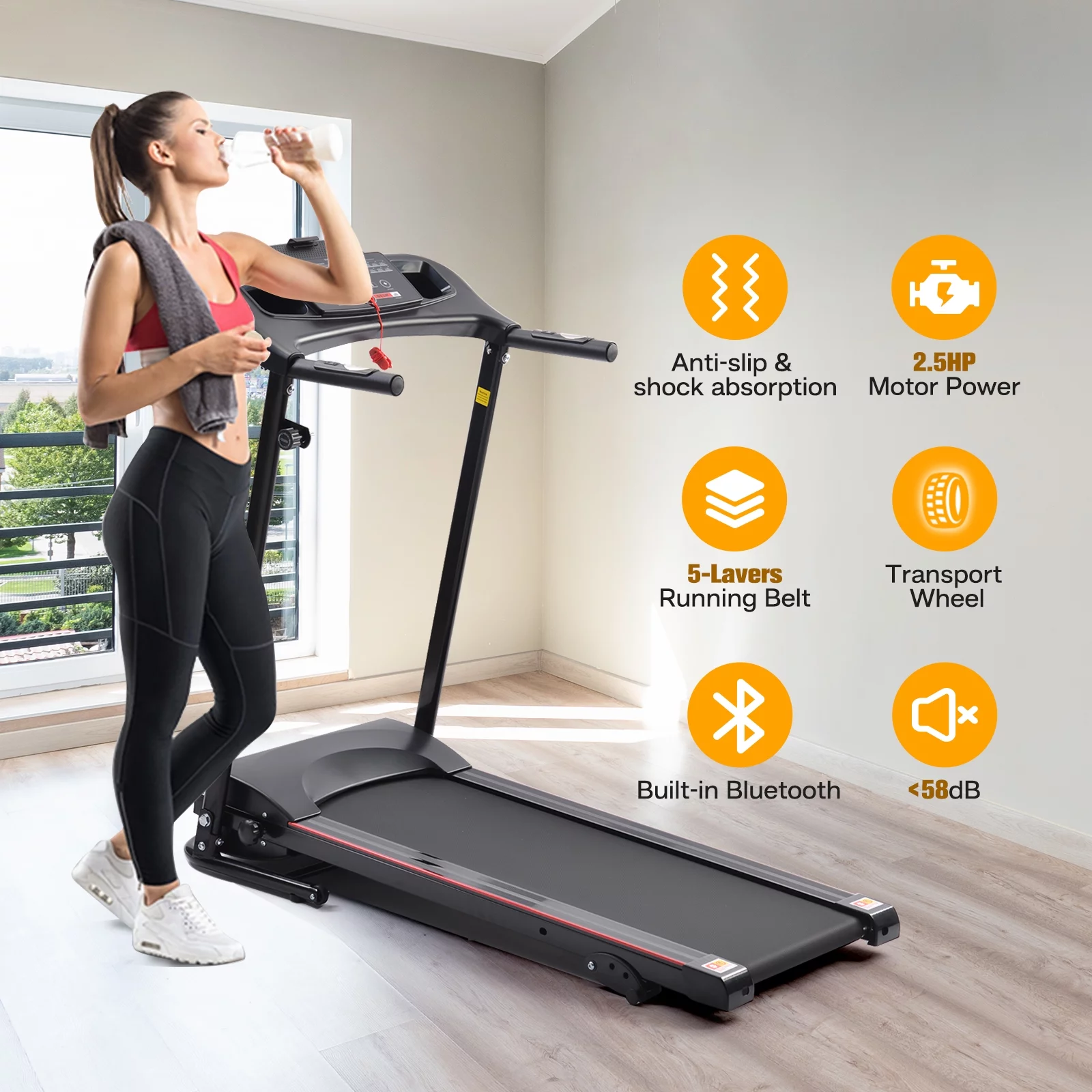 2.5HP Folding Treadmill Portable Running Walking Compact Exercise Machine with 12 Preset Program, LED Display, Bluetooth Music Easy Assembly for Home